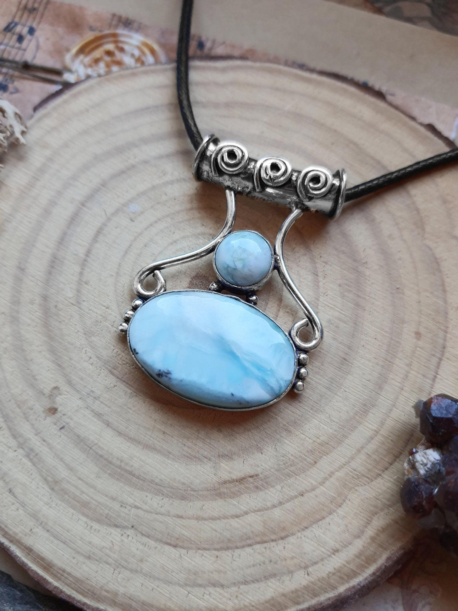 Larimar Statement Pendant, Sterling Silver Boho Necklace - LunarGem - Charms & Pendants