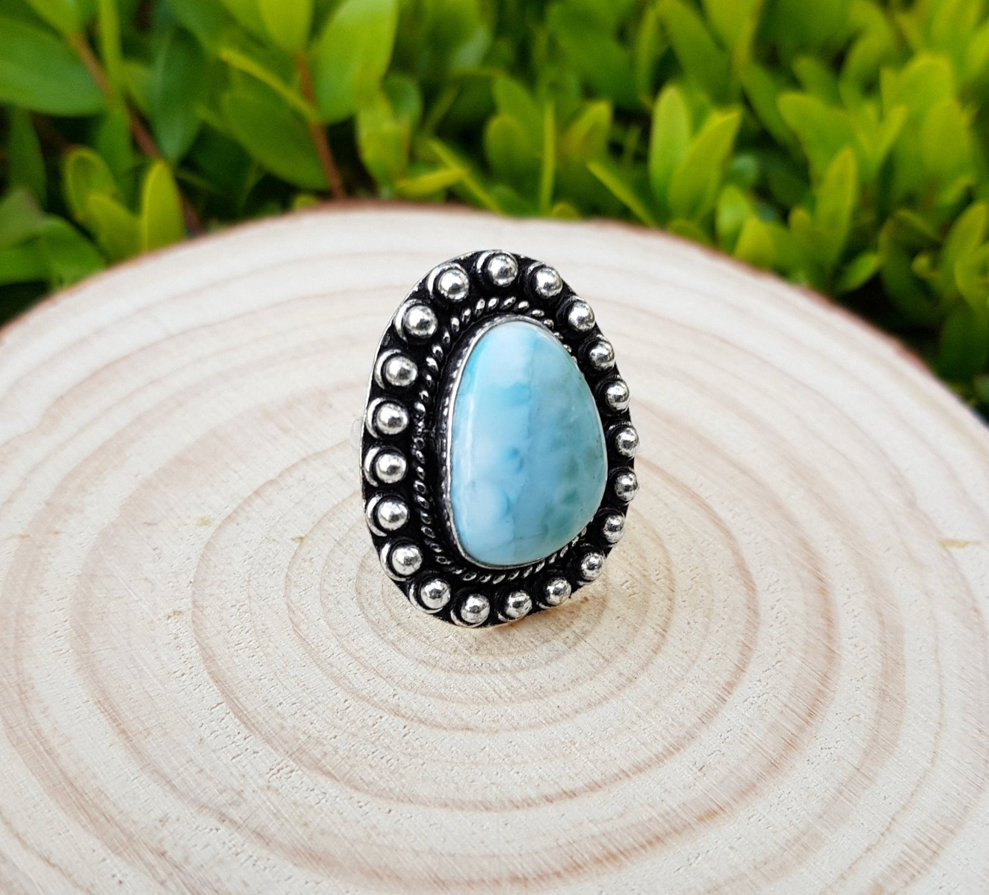 Larimar Statement Ring: Sterling Silver Boho Gemstone Ring, US Size 5 1/4 - LunarGem - Rings