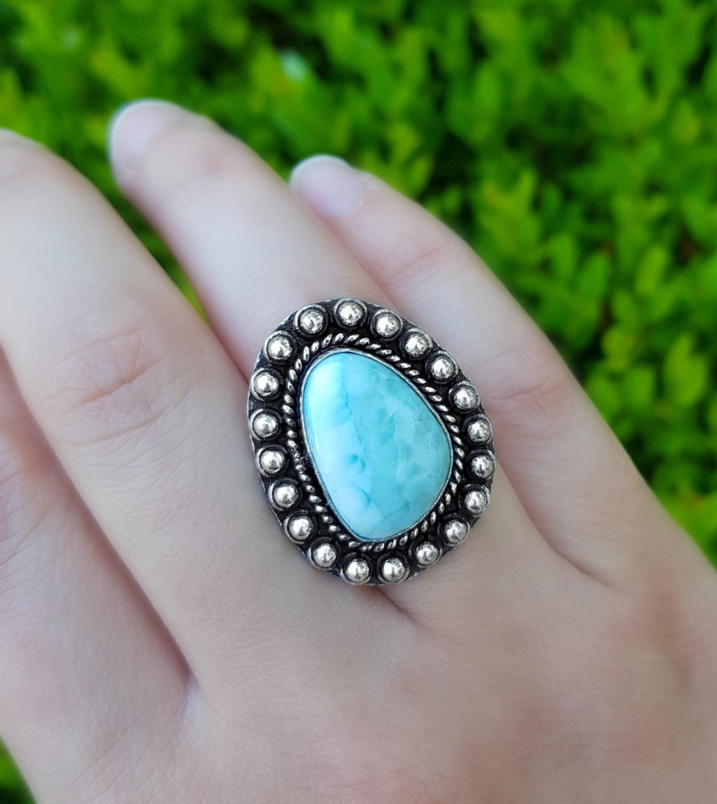Larimar Statement Ring: Sterling Silver Boho Gemstone Ring, US Size 5 1/4 - LunarGem - Rings