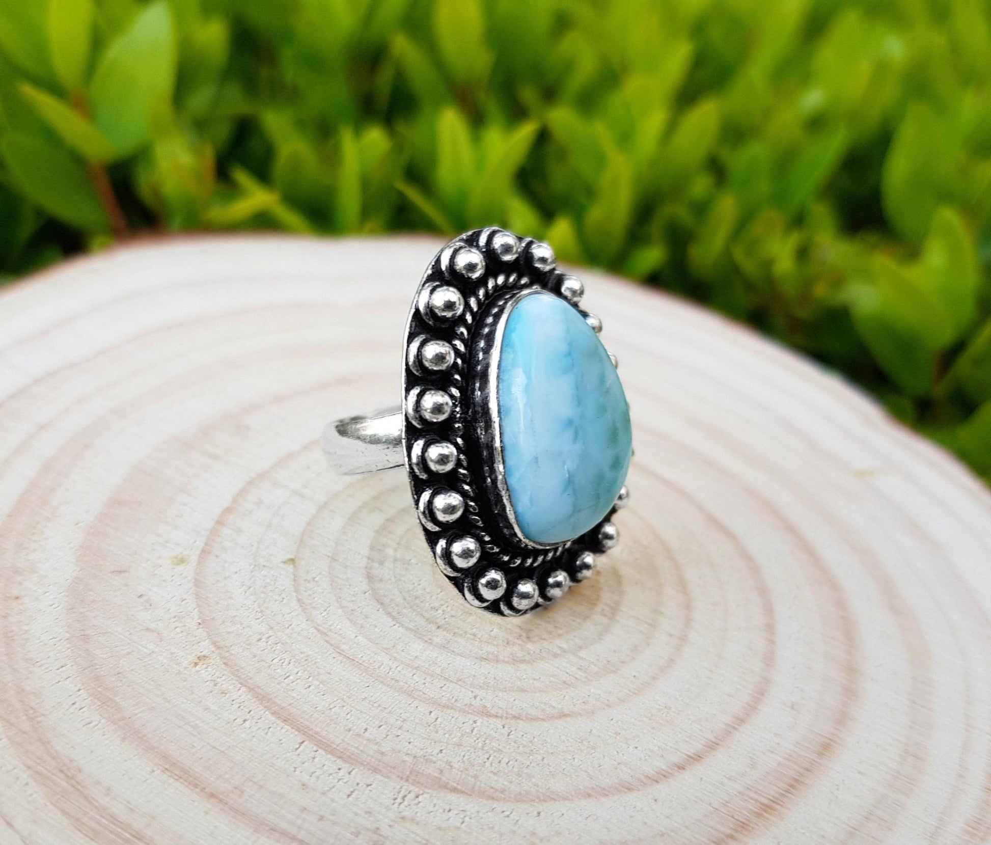 Larimar Statement Ring: Sterling Silver Boho Gemstone Ring, US Size 5 1/4 - LunarGem - Rings