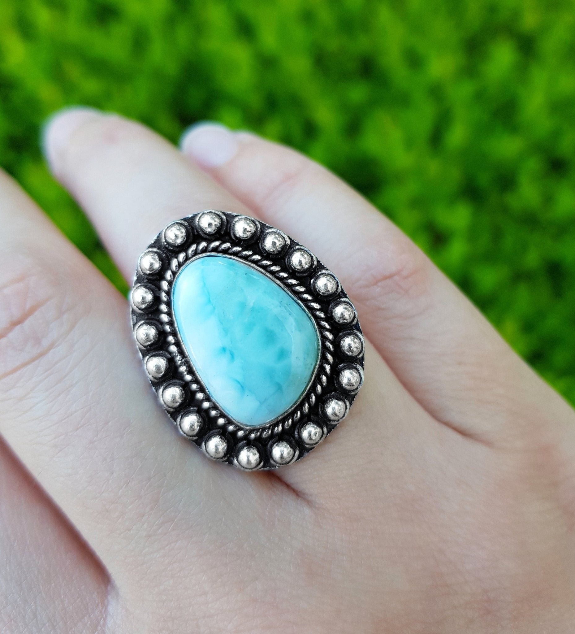 Larimar Statement Ring: Sterling Silver Boho Gemstone Ring, US Size 5 1/4 - LunarGem - Rings