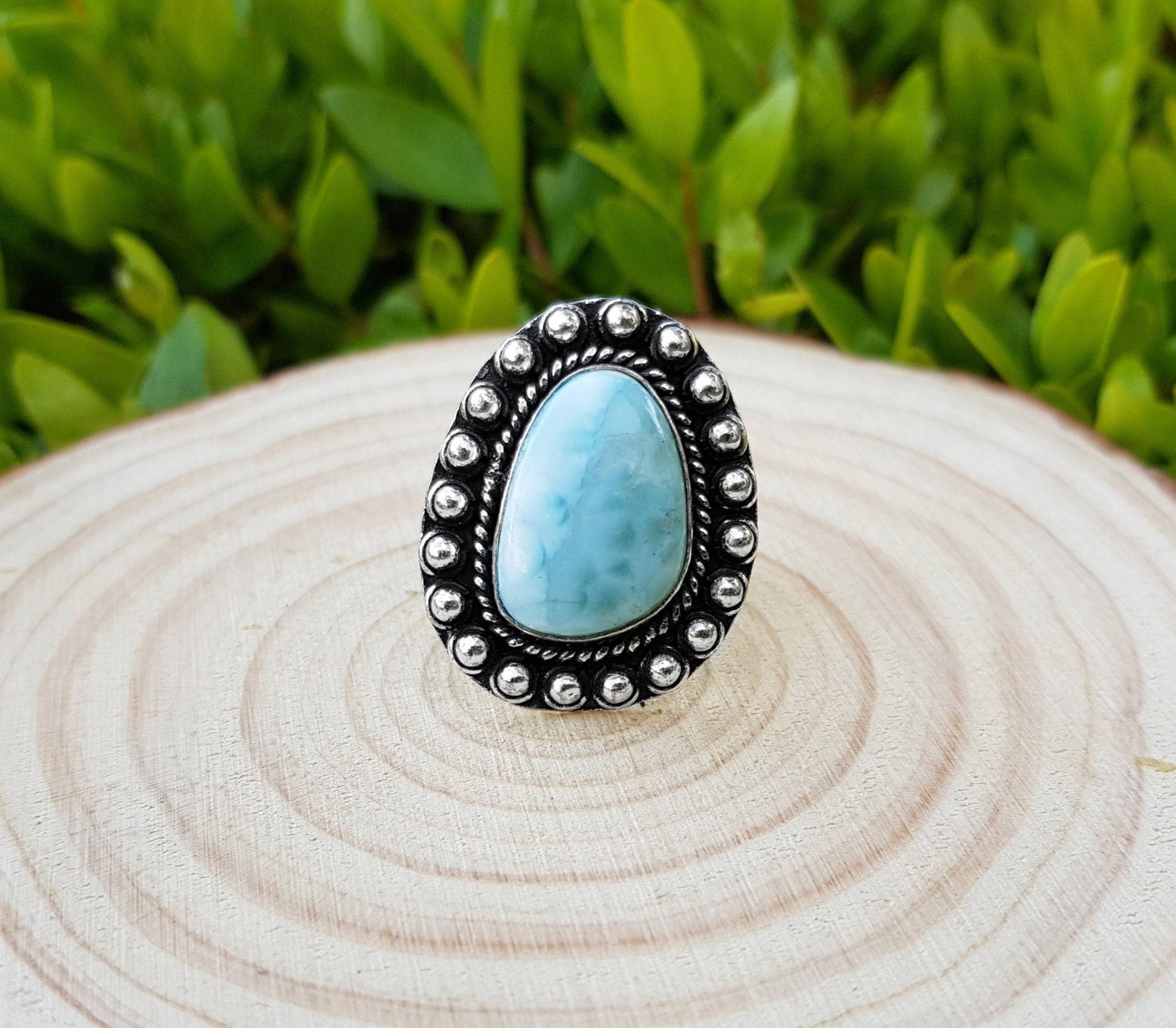 Larimar Statement Ring: Sterling Silver Boho Gemstone Ring, US Size 5 1/4 - LunarGem - Rings