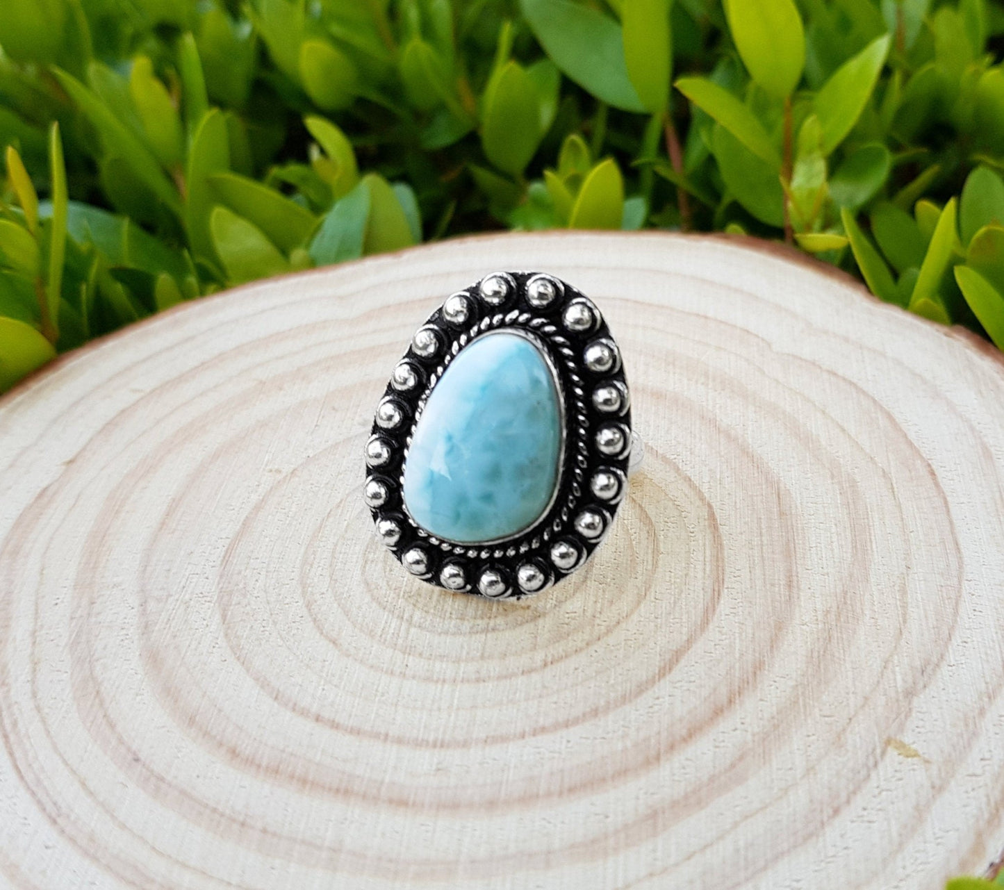 Larimar Statement Ring: Sterling Silver Boho Gemstone Ring, US Size 5 1/4 - LunarGem - Rings