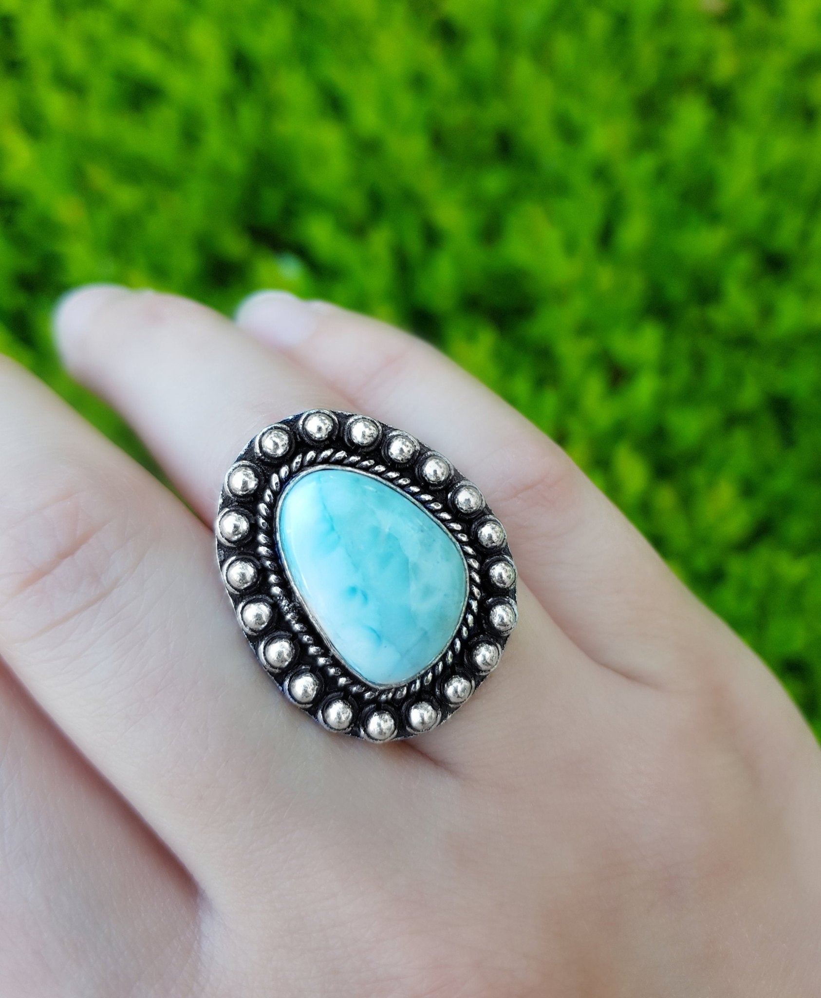 Larimar Statement Ring: Sterling Silver Boho Gemstone Ring, US Size 5 1/4 - LunarGem - Rings