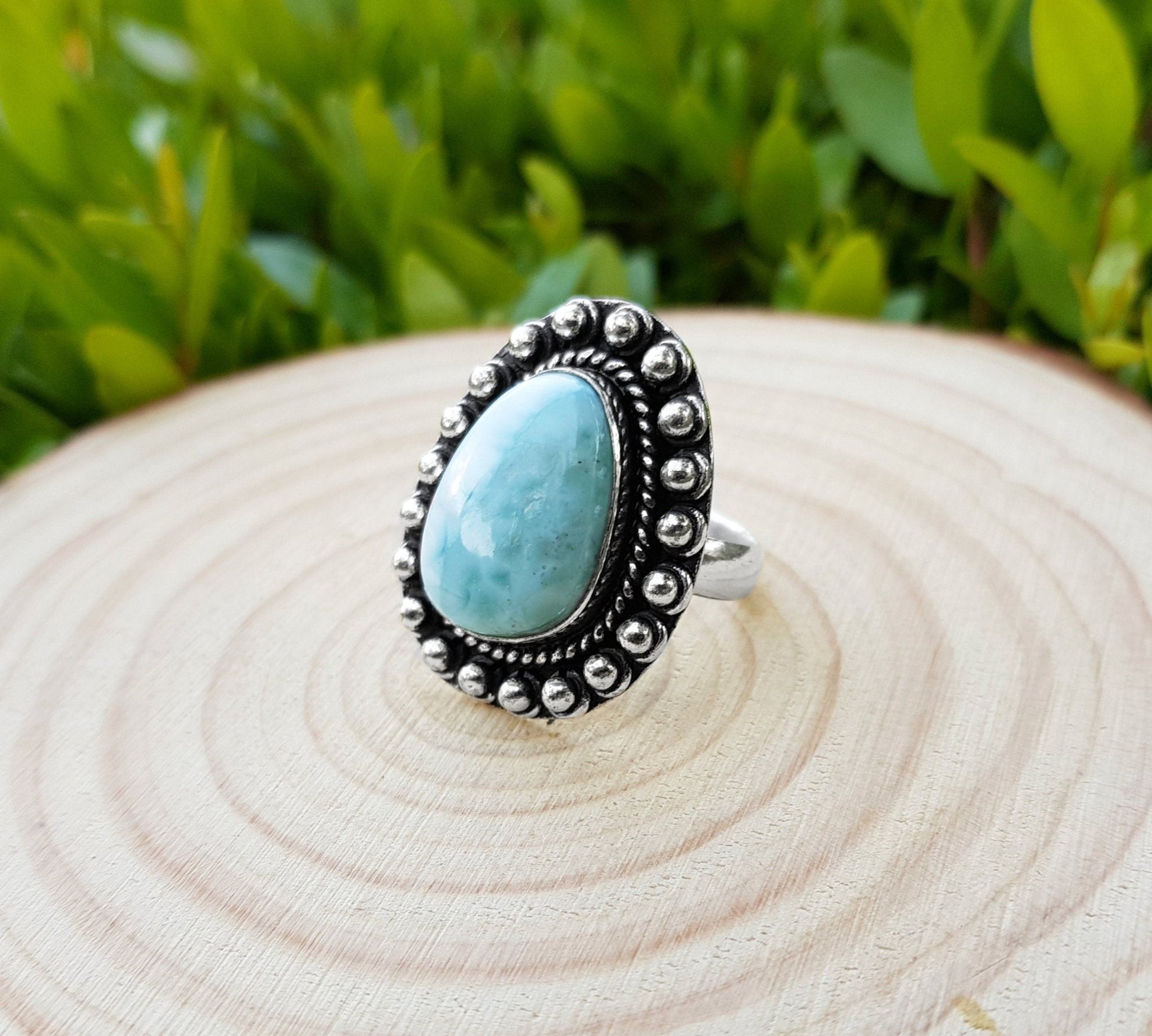 Larimar Statement Ring: Sterling Silver Boho Gemstone Ring, US Size 5 1/4 - LunarGem - Rings