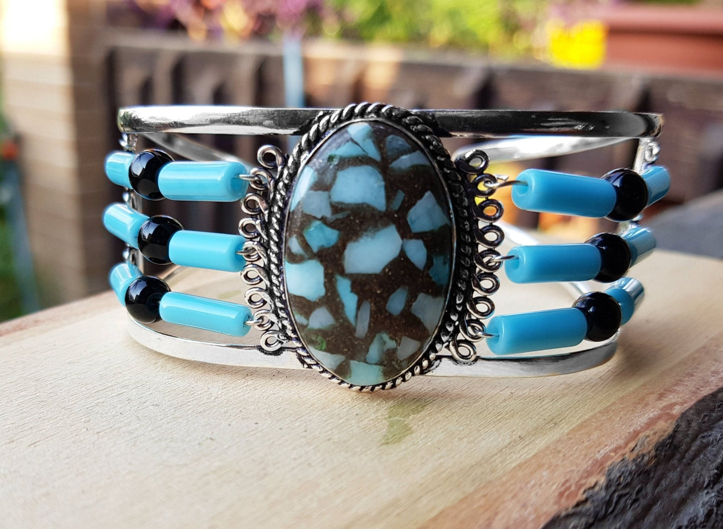 Larimar Sterling Silver Bracelet: Adjustable Boho Gemstone Jewelry - LunarGem - 