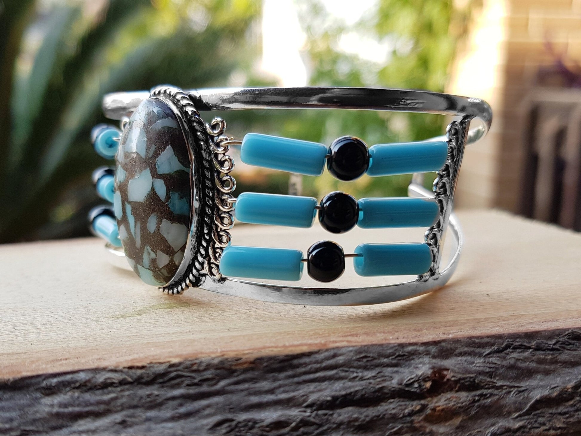 Larimar Sterling Silver Bracelet: Adjustable Boho Gemstone Jewelry - LunarGem - 