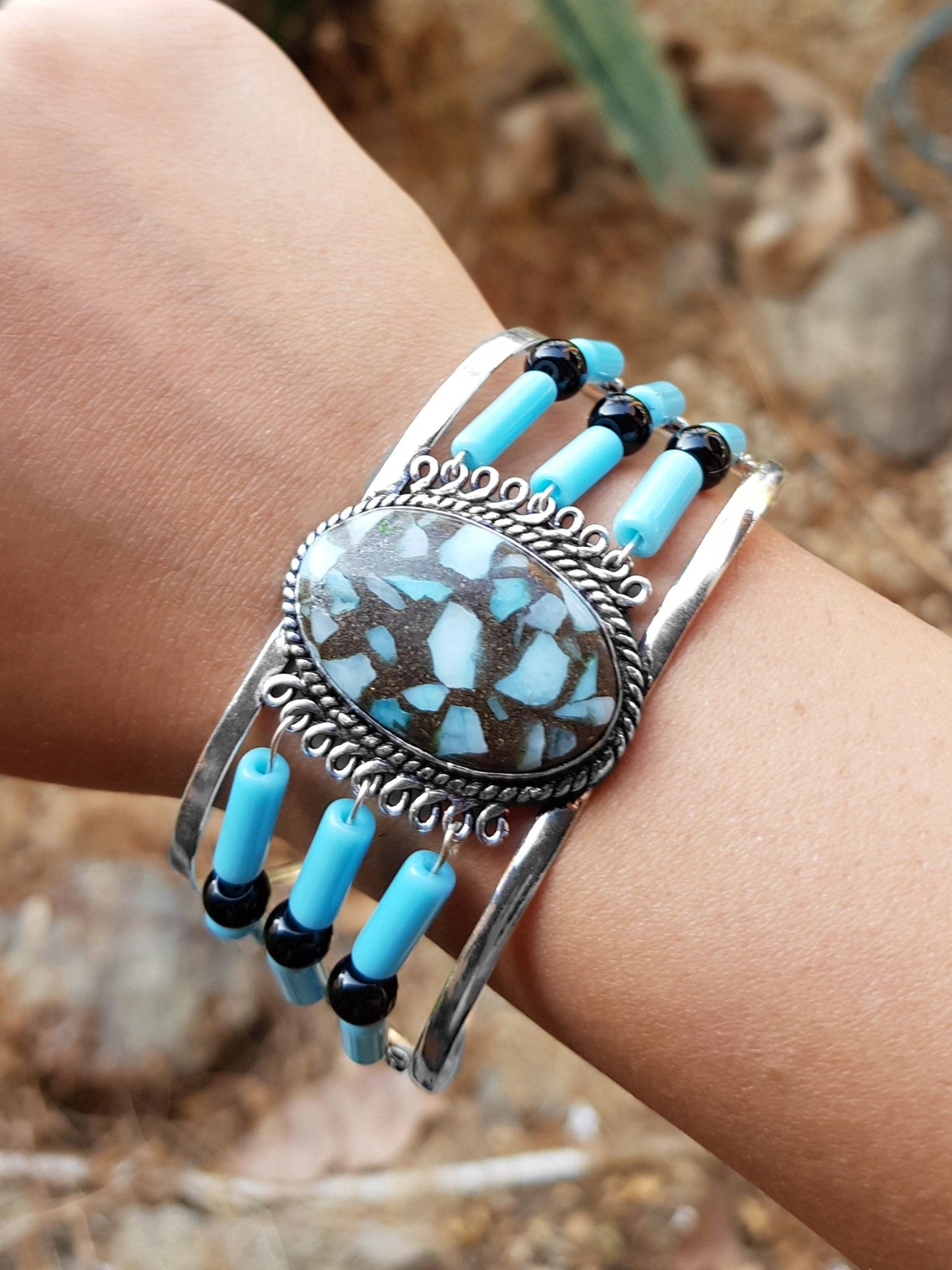 Larimar Sterling Silver Bracelet: Adjustable Boho Gemstone Jewelry - LunarGem - 