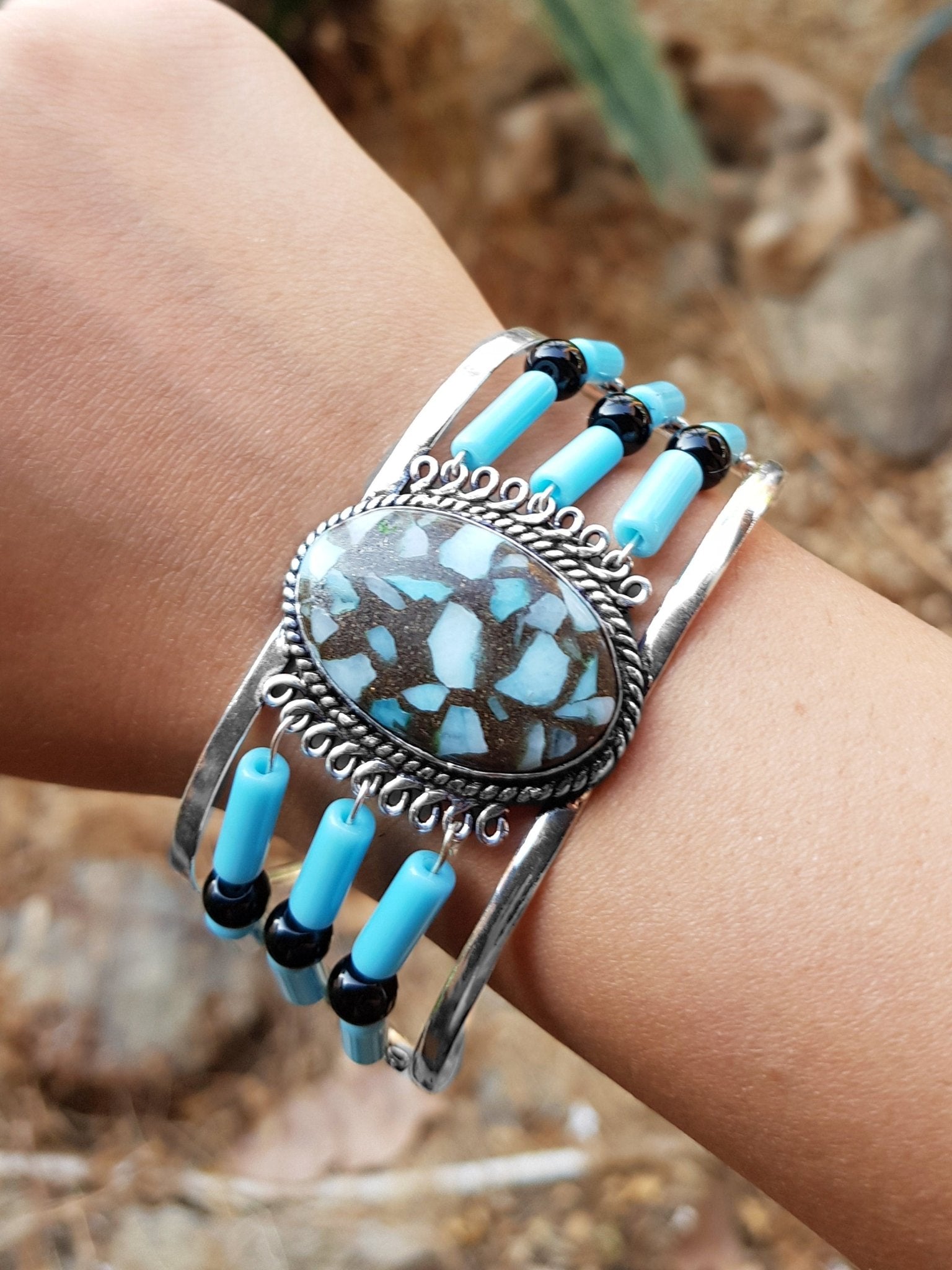 Larimar Sterling Silver Bracelet: Adjustable Boho Gemstone Jewelry - LunarGem - 