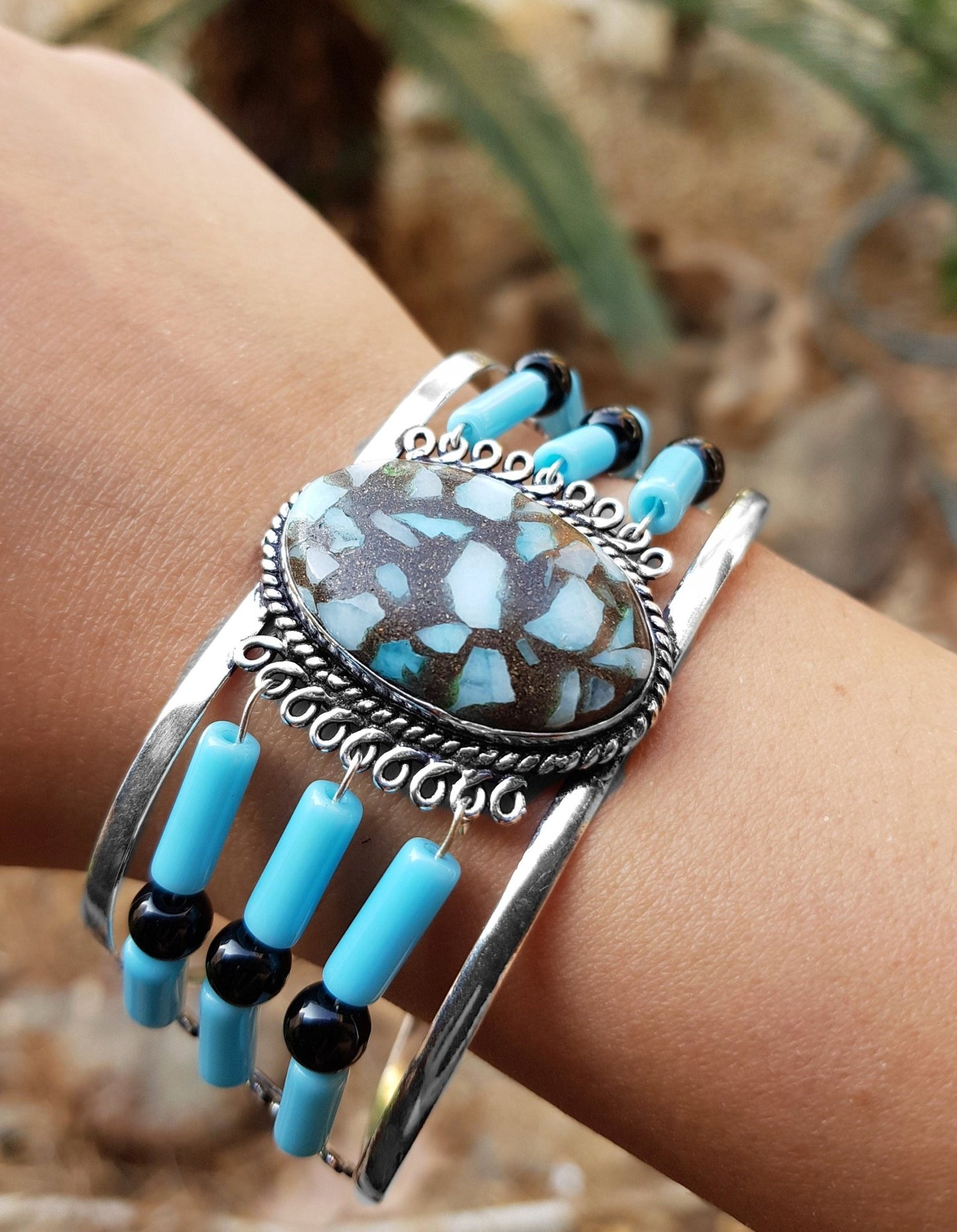 Larimar Sterling Silver Bracelet: Adjustable Boho Gemstone Jewelry - LunarGem - 