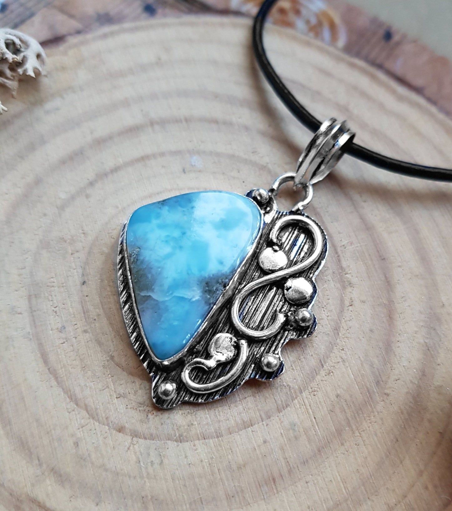 Larimar Sterling Silver Necklace: Boho Gemstone Pendant - LunarGem - 