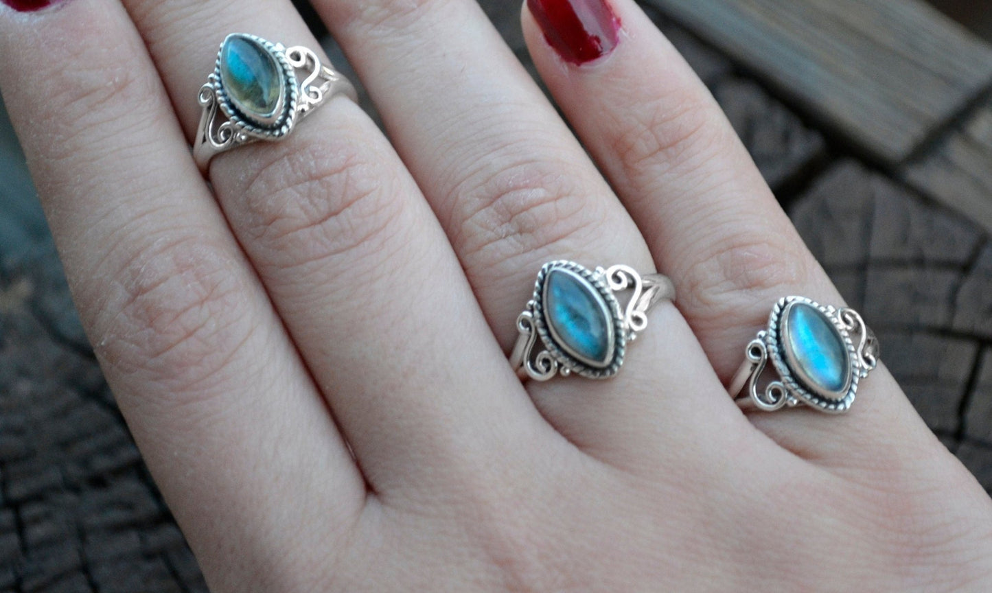 Marquise Labradorite Ring: Sterling Silver Swirl, Elvish Boho Jewelry - LunarGem - Jewelry