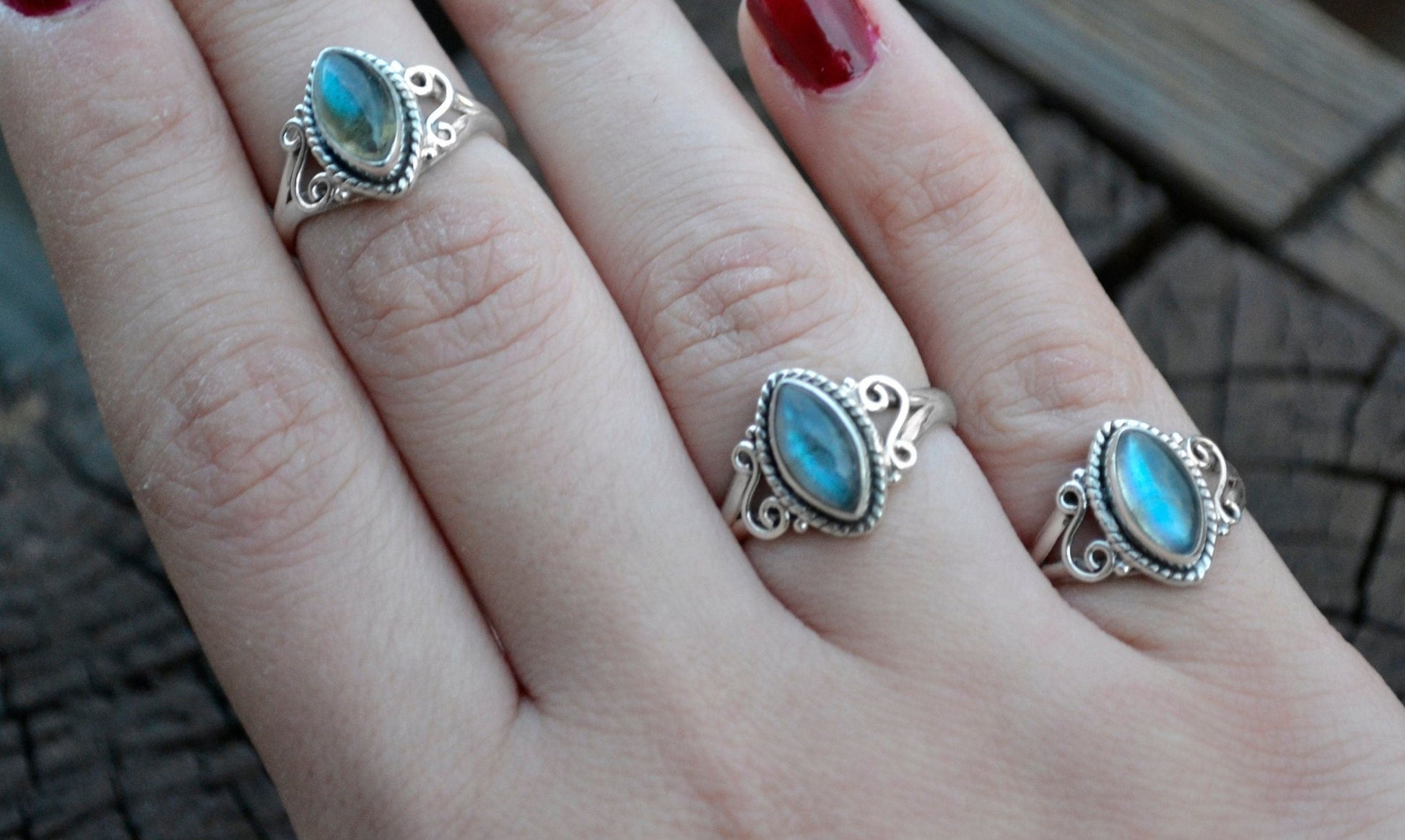 Marquise Labradorite Ring: Sterling Silver Swirl, Elvish Boho Jewelry - LunarGem - Jewelry