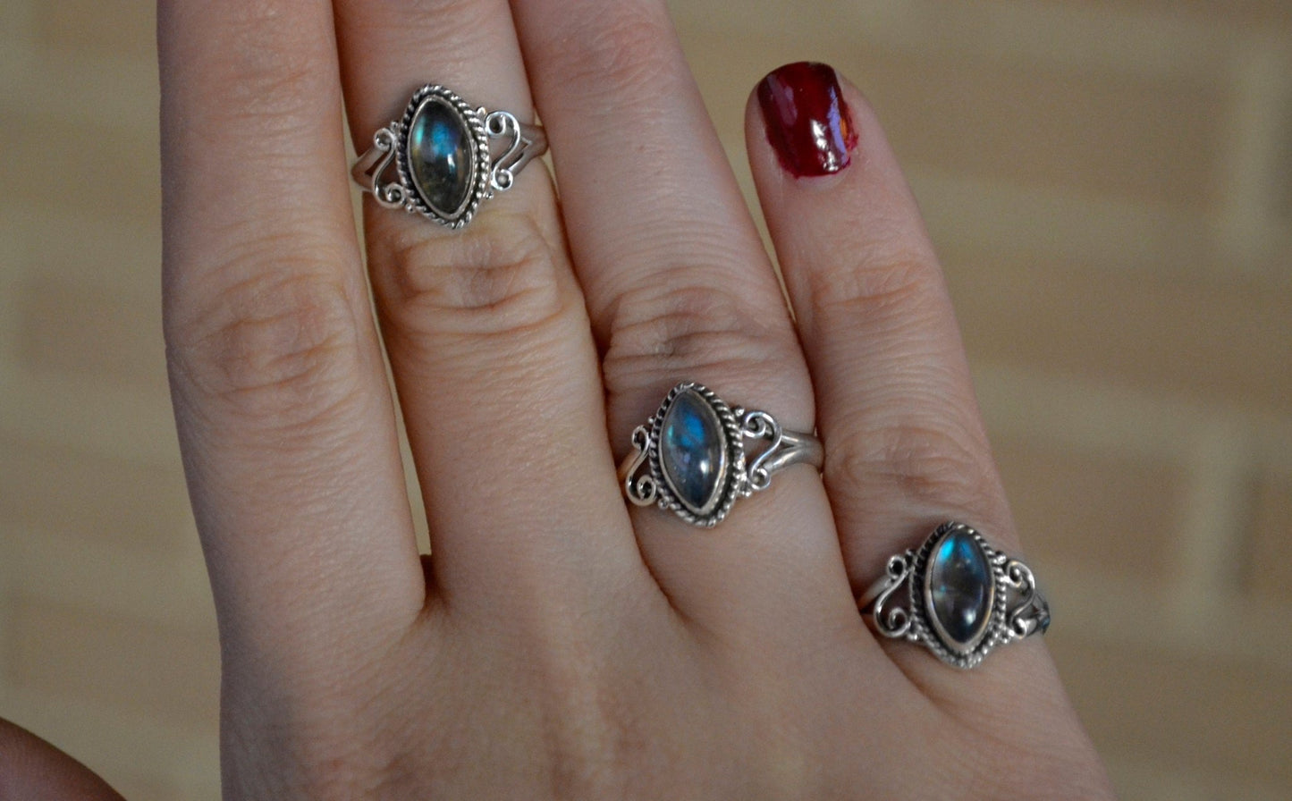 Marquise Labradorite Ring: Sterling Silver Swirl, Elvish Boho Jewelry - LunarGem - Jewelry