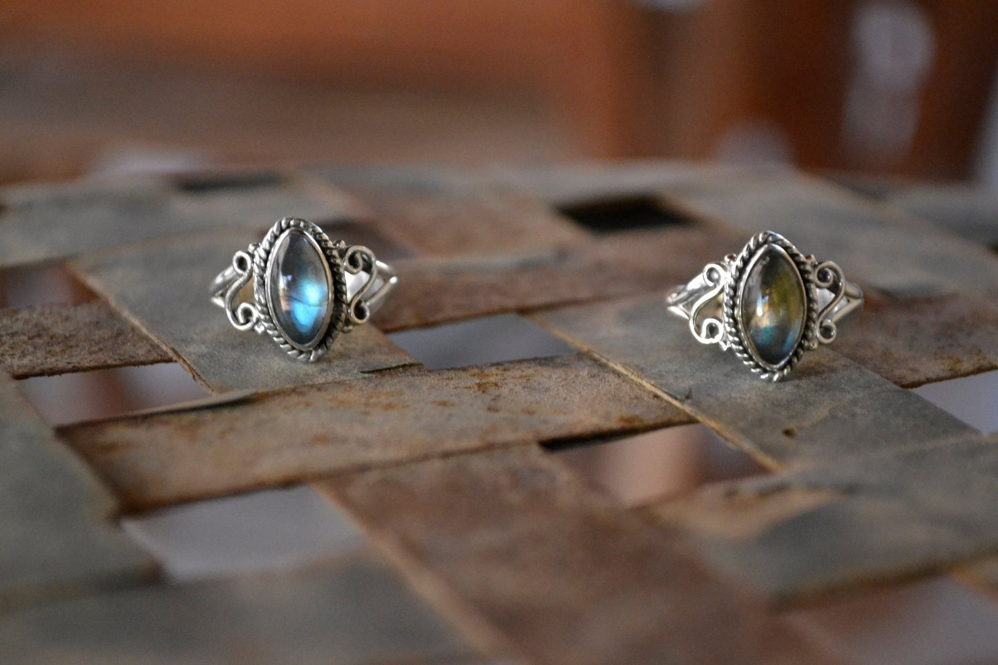 Marquise Labradorite Ring: Sterling Silver Swirl, Elvish Boho Jewelry - LunarGem - Jewelry
