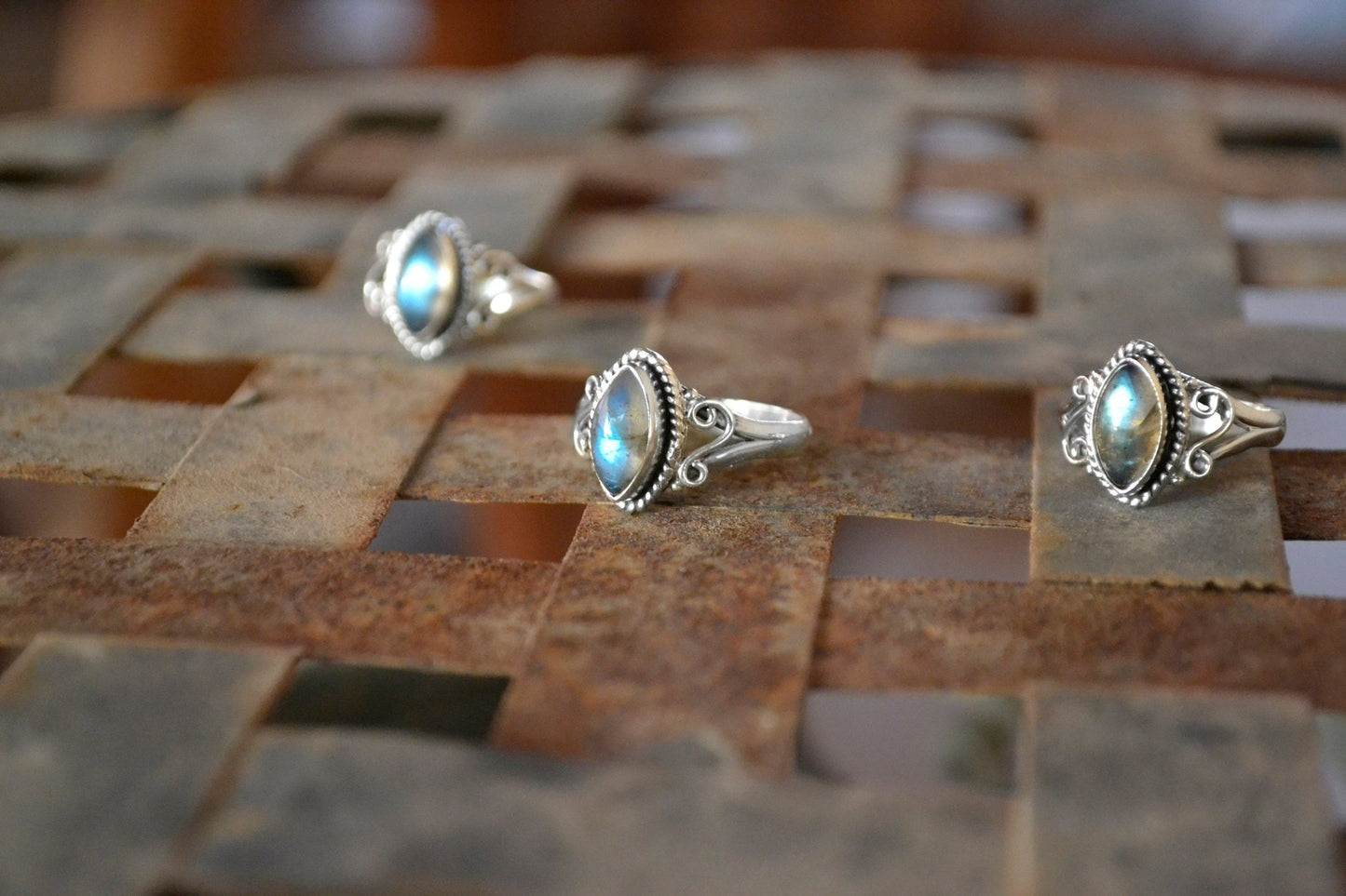 Marquise Labradorite Ring: Sterling Silver Swirl, Elvish Boho Jewelry - LunarGem - Jewelry