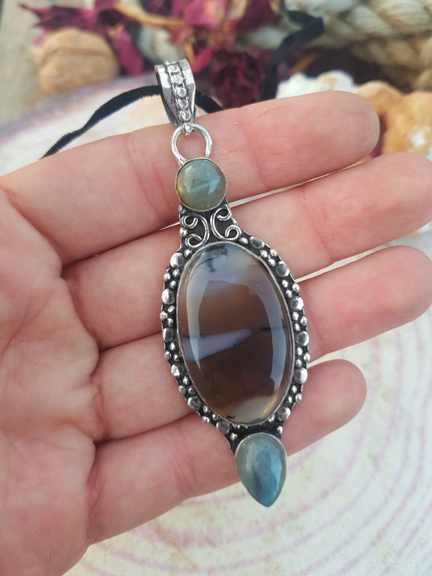 Montana Agate Pendant: Sterling Silver Boho Necklace with Labradorite - LunarGem - 