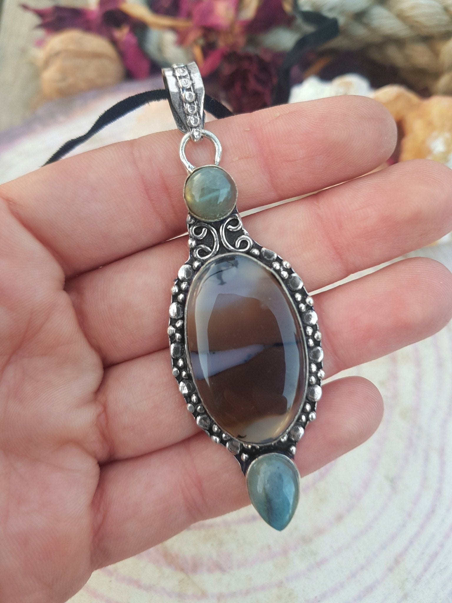 Montana Agate Pendant: Sterling Silver Boho Necklace with Labradorite - LunarGem - 