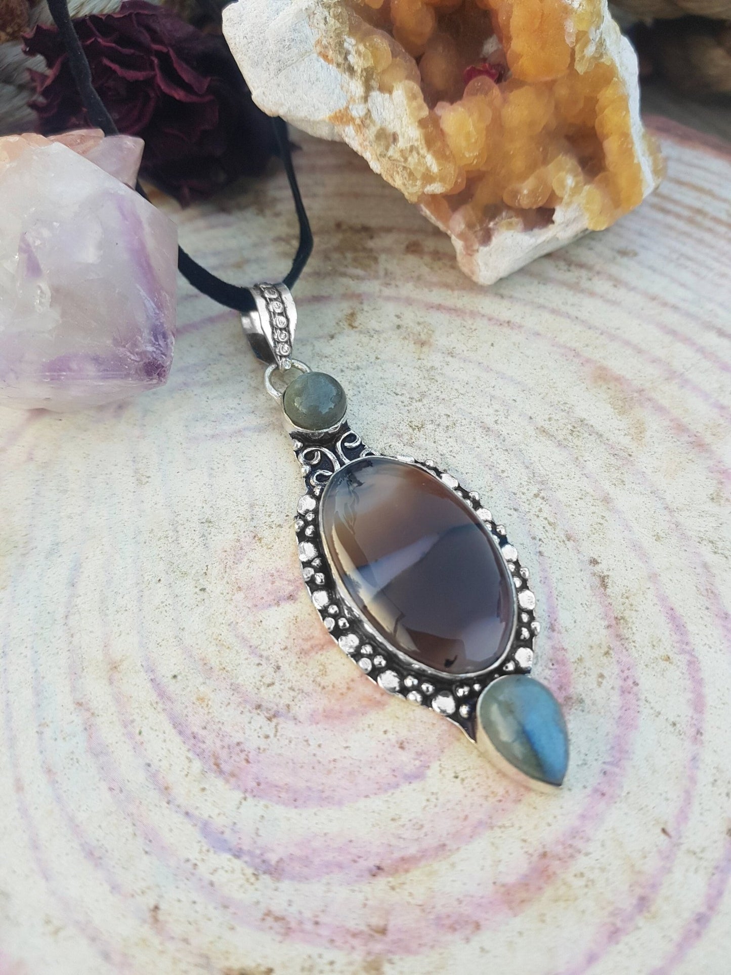 Montana Agate Pendant: Sterling Silver Boho Necklace with Labradorite - LunarGem - 