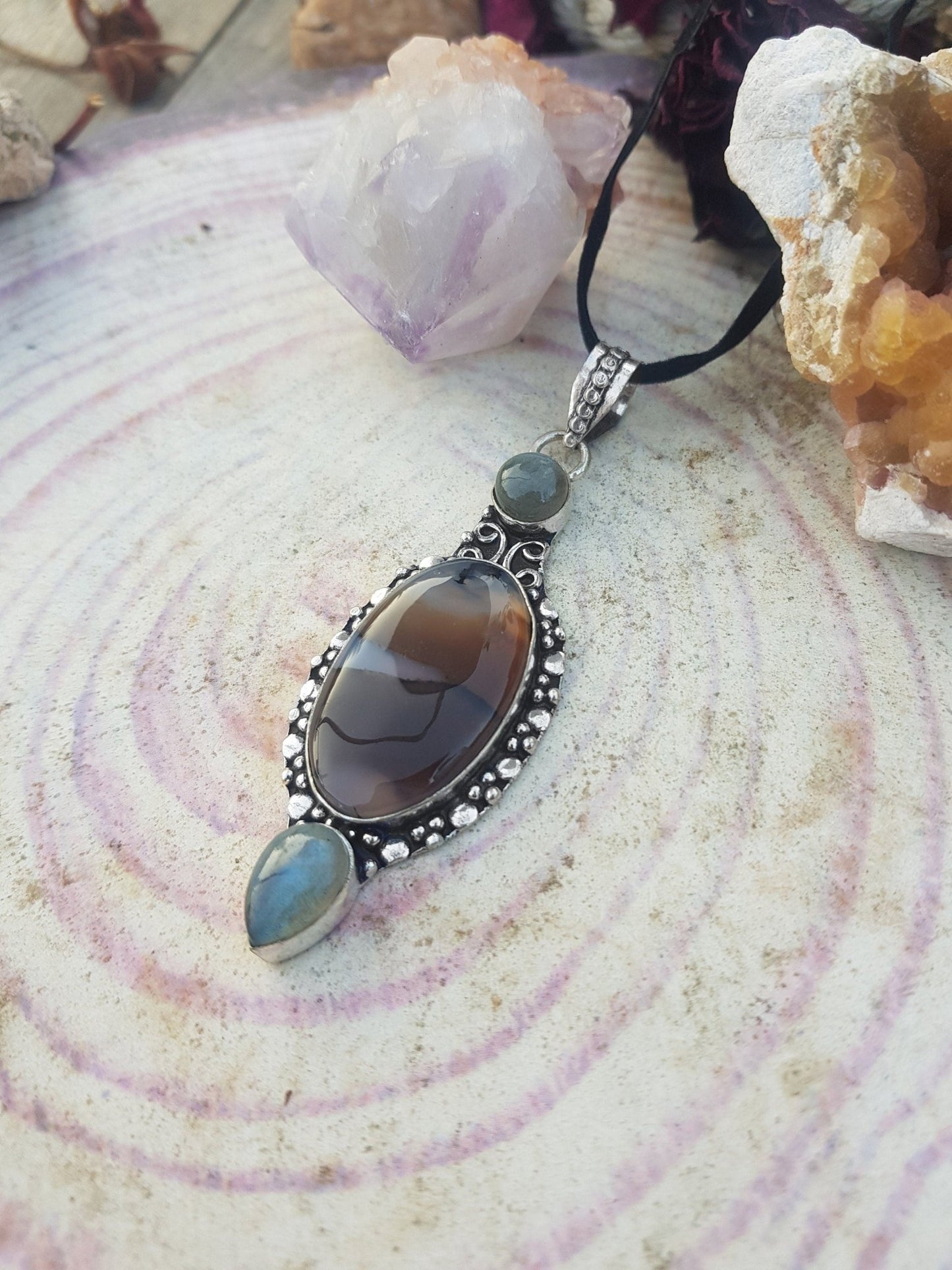 Montana Agate Pendant: Sterling Silver Boho Necklace with Labradorite - LunarGem - 