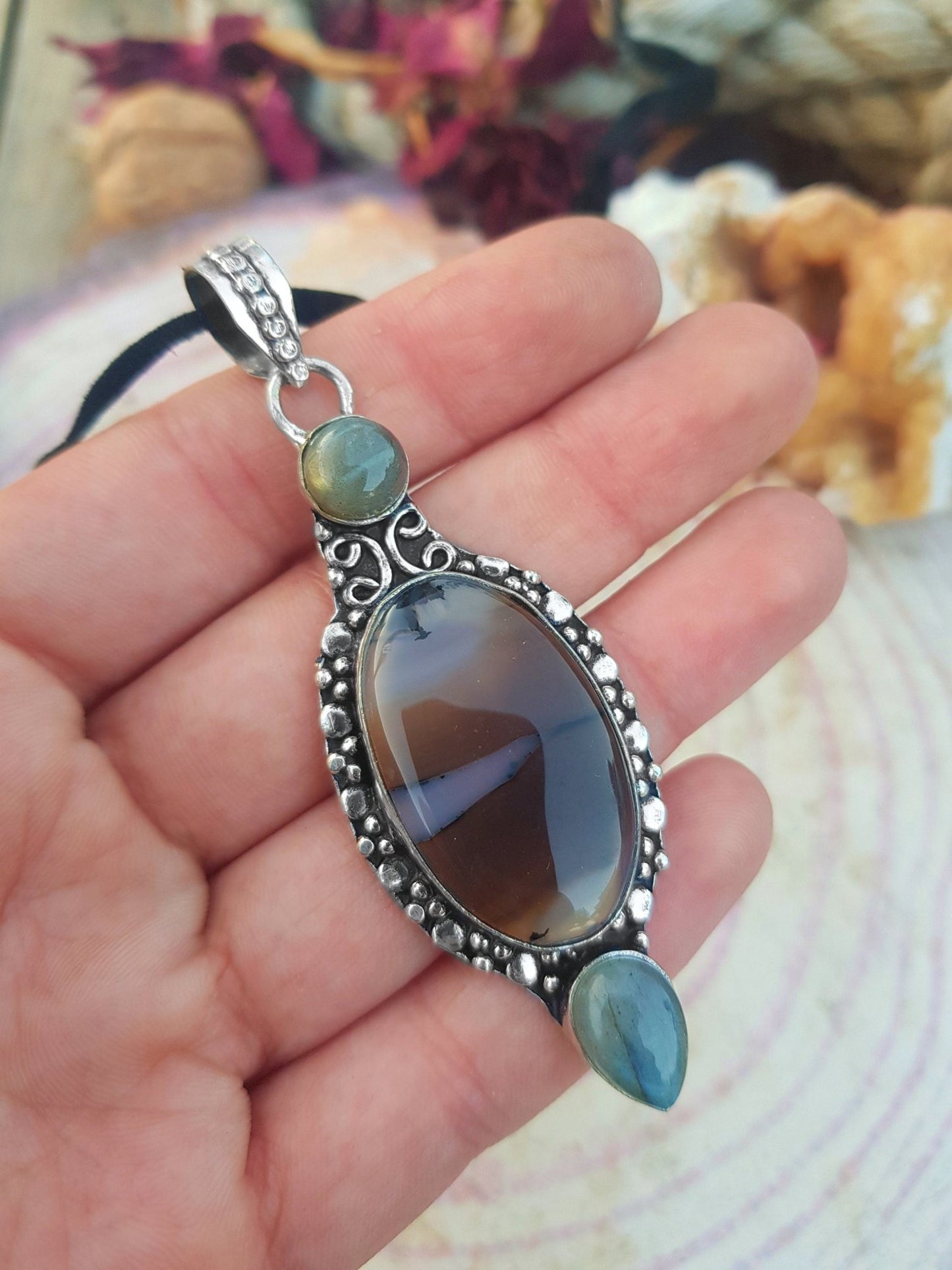Montana Agate Pendant: Sterling Silver Boho Necklace with Labradorite - LunarGem - 