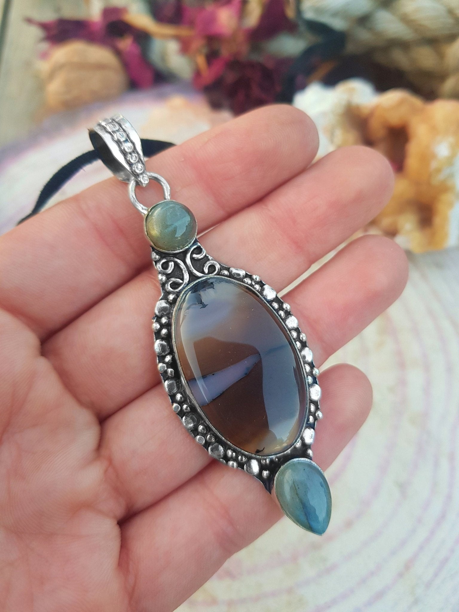 Montana Agate Pendant: Sterling Silver Boho Necklace with Labradorite - LunarGem - 