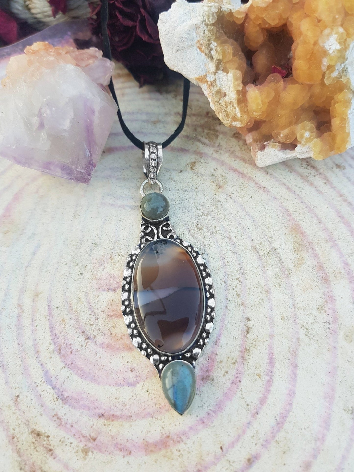 Montana Agate Pendant: Sterling Silver Boho Necklace with Labradorite - LunarGem - 