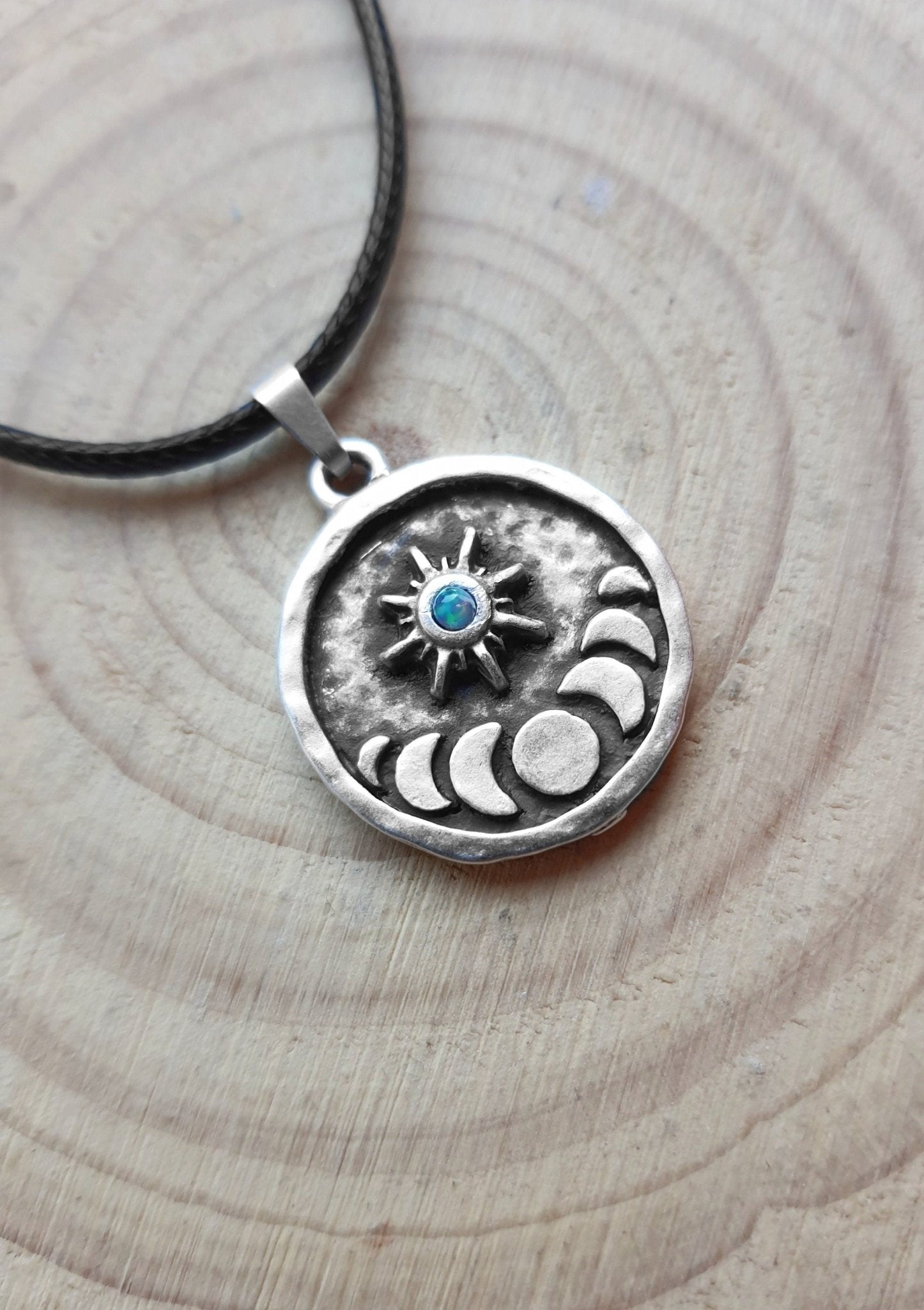 Moon Phases Ethiopian Opal Sterling Silver Necklace: Celestial Pendant - LunarGem - 
