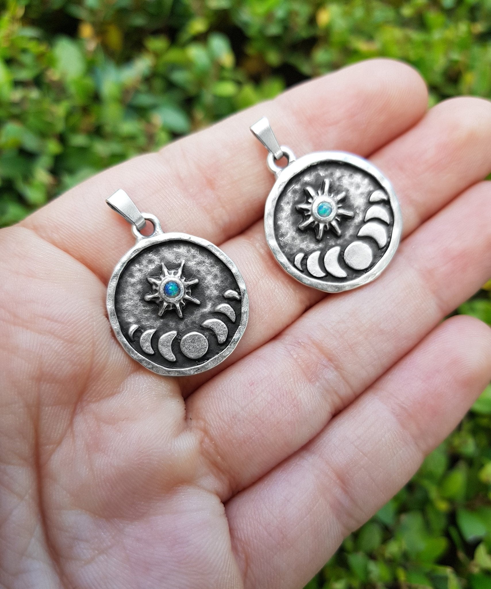 Moon Phases Ethiopian Opal Sterling Silver Necklace: Celestial Pendant - LunarGem - 