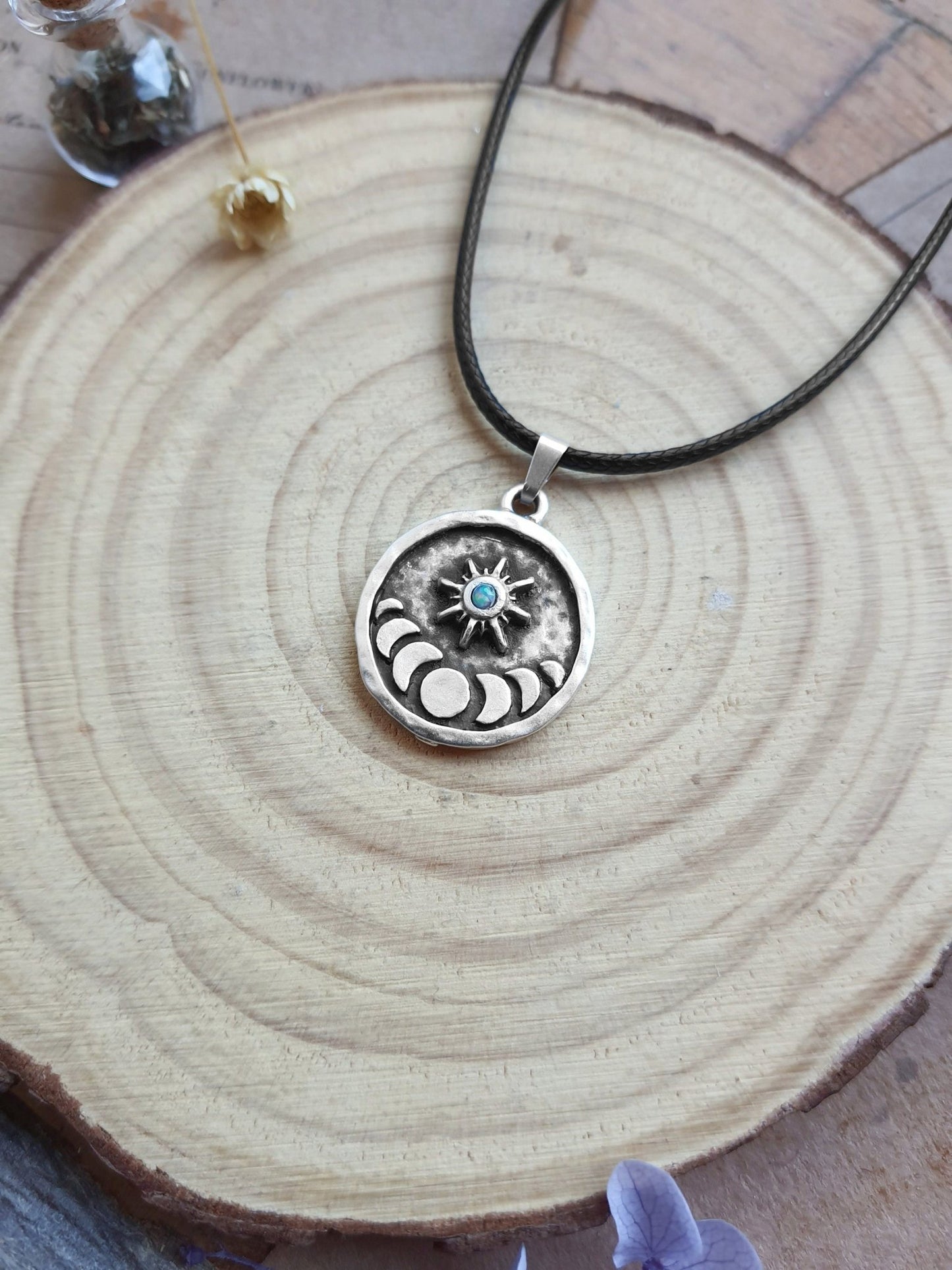 Moon Phases Ethiopian Opal Sterling Silver Necklace: Celestial Pendant - LunarGem - 