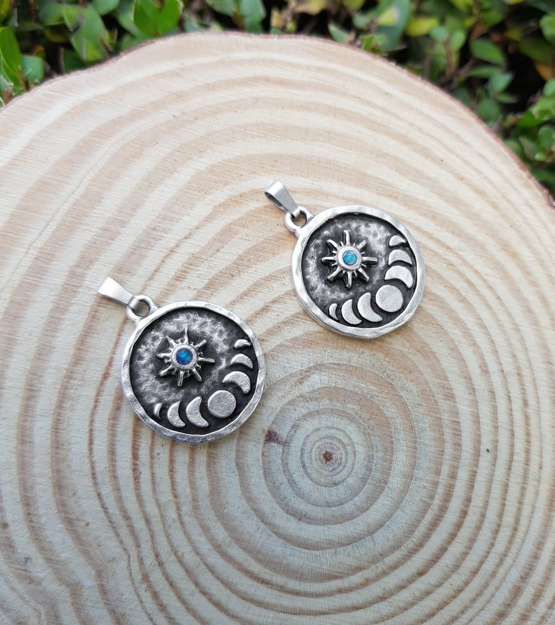 Moon Phases Ethiopian Opal Sterling Silver Necklace: Celestial Pendant - LunarGem - 