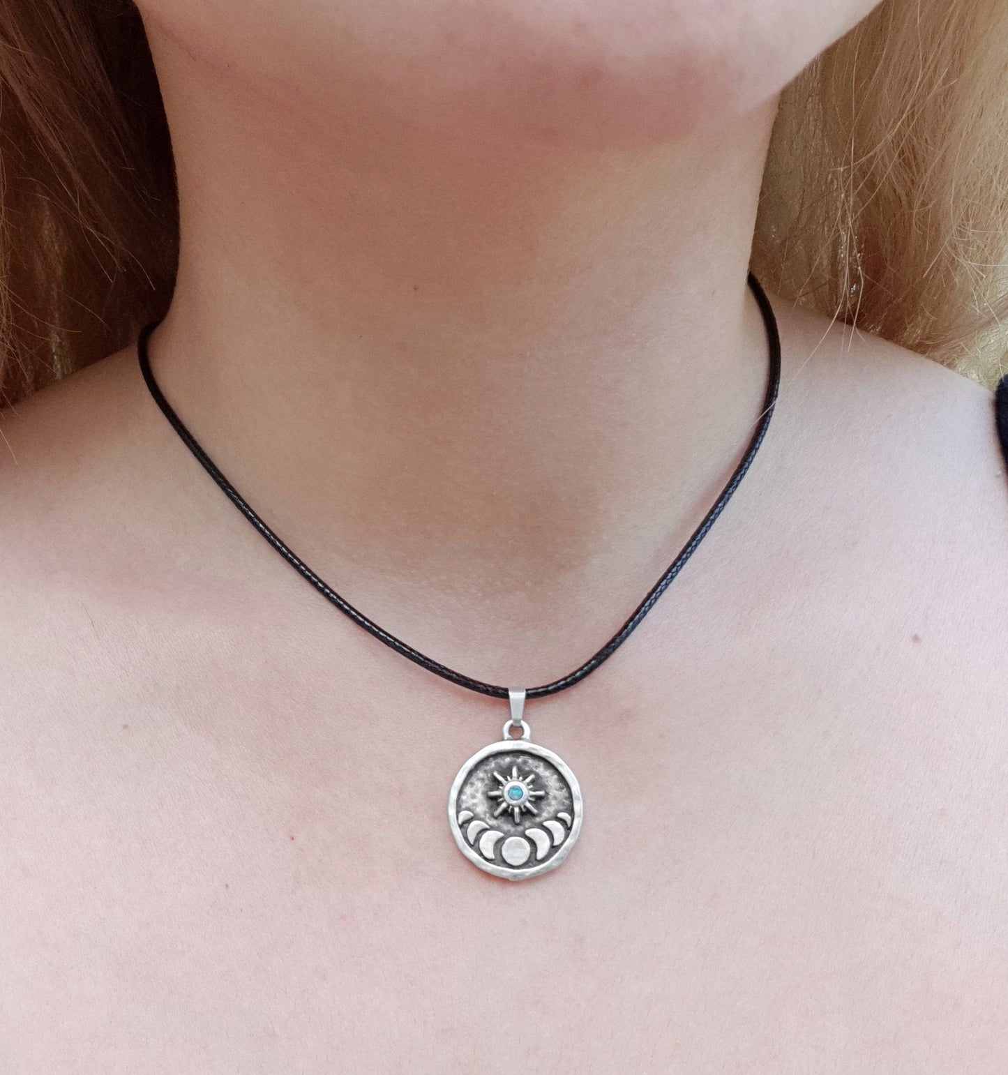 Moon Phases Ethiopian Opal Sterling Silver Necklace: Celestial Pendant - LunarGem - 