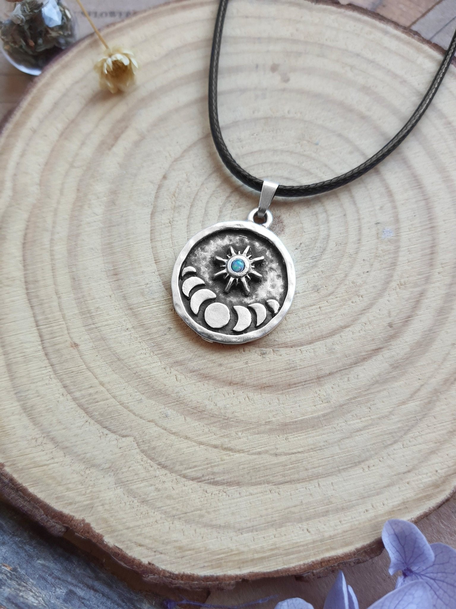Moon Phases Ethiopian Opal Sterling Silver Necklace: Celestial Pendant - LunarGem - 