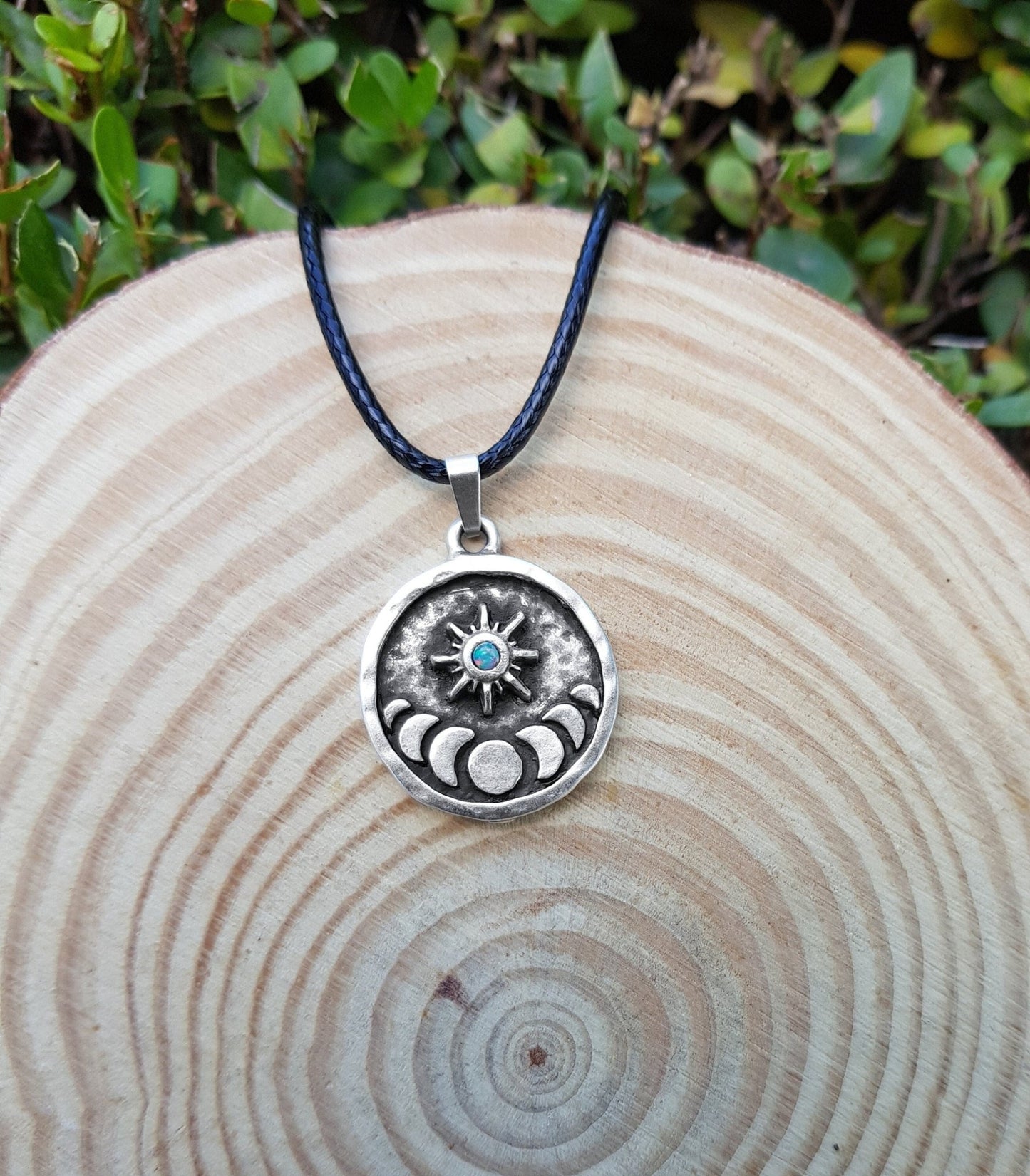 Moon Phases Ethiopian Opal Sterling Silver Necklace: Celestial Pendant - LunarGem - 