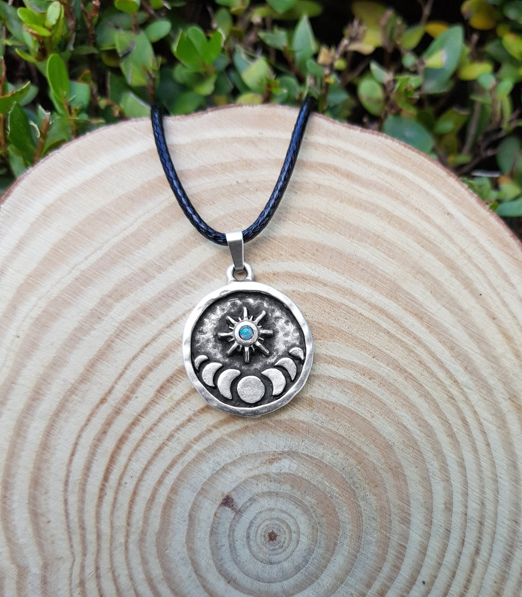 Moon Phases Ethiopian Opal Sterling Silver Necklace: Celestial Pendant - LunarGem - 