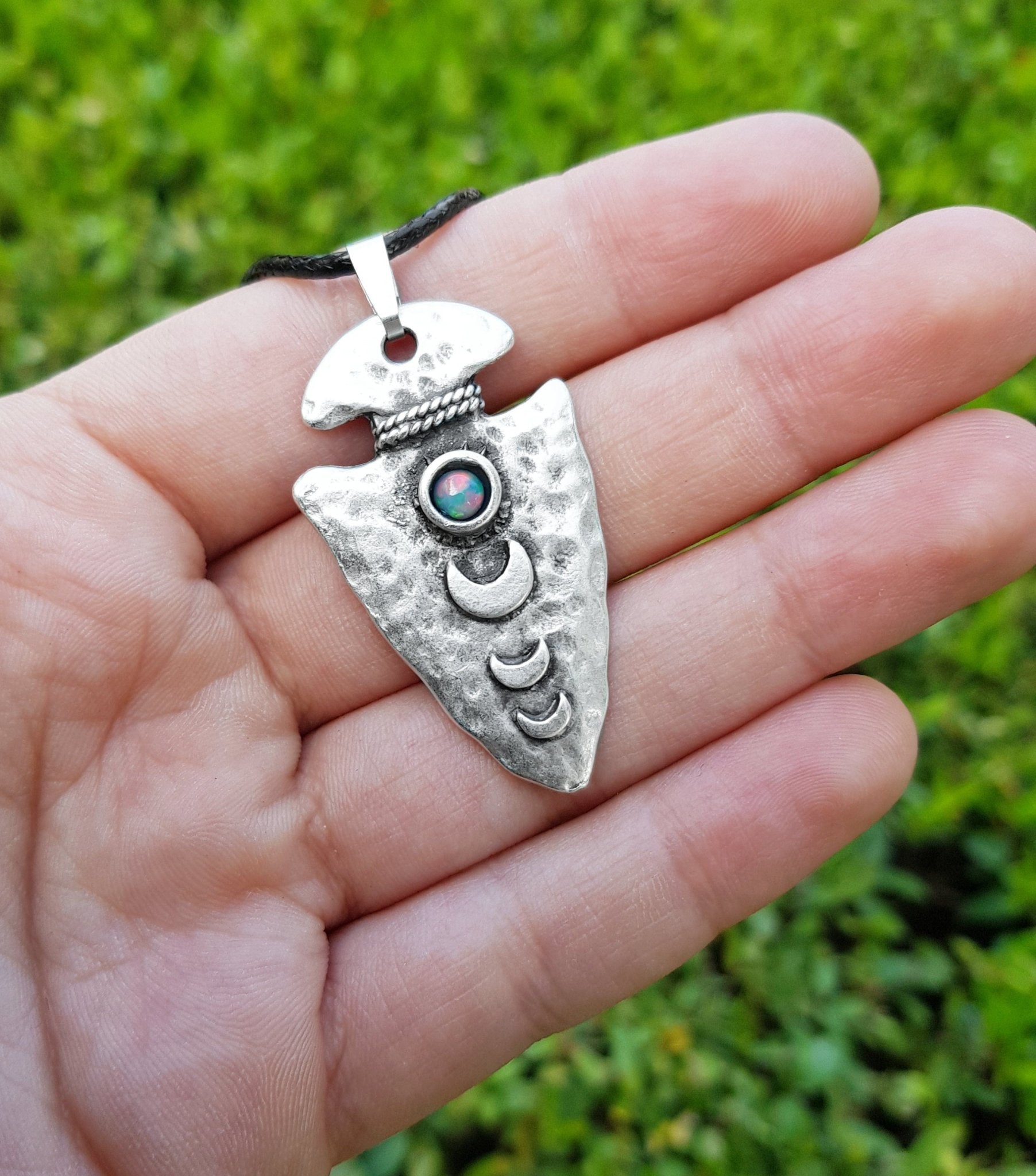 Moon Phases Fire Opal Sterling Silver Necklace: Celestial Pendant - LunarGem - 