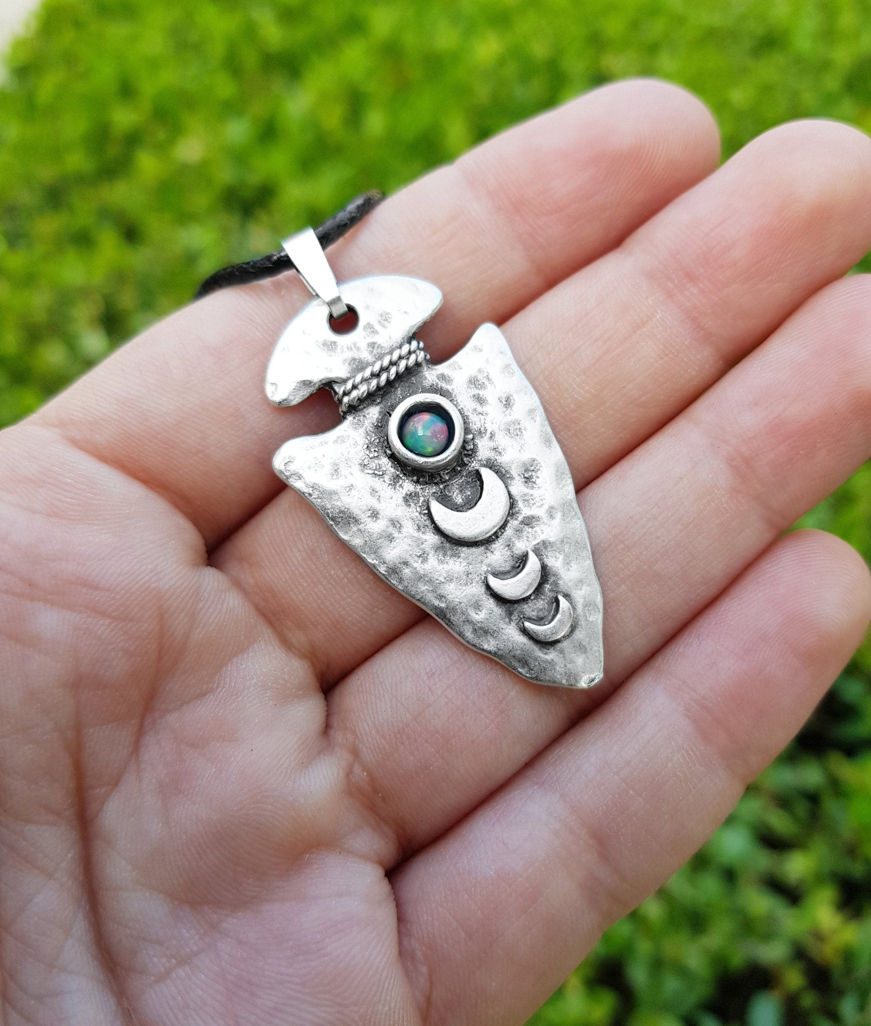 Moon Phases Fire Opal Sterling Silver Necklace: Celestial Pendant - LunarGem - 