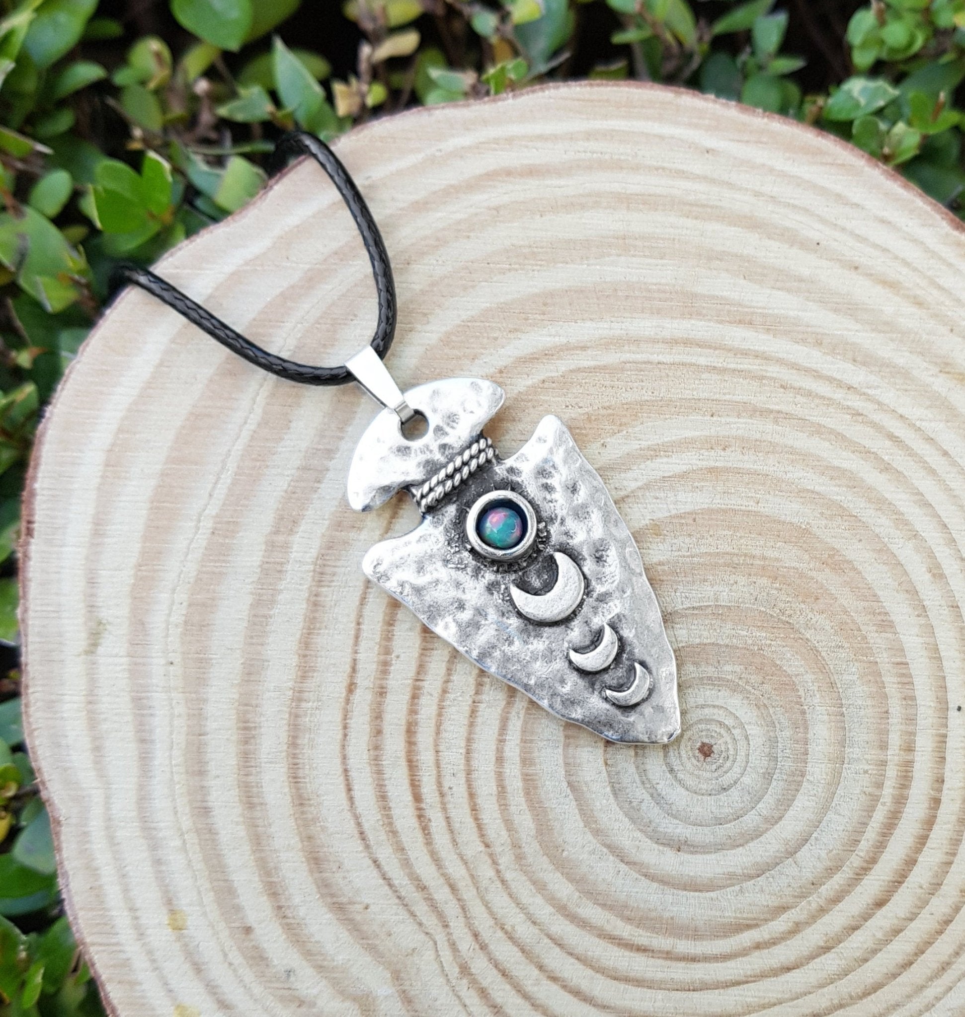 Moon Phases Fire Opal Sterling Silver Necklace: Celestial Pendant - LunarGem - 