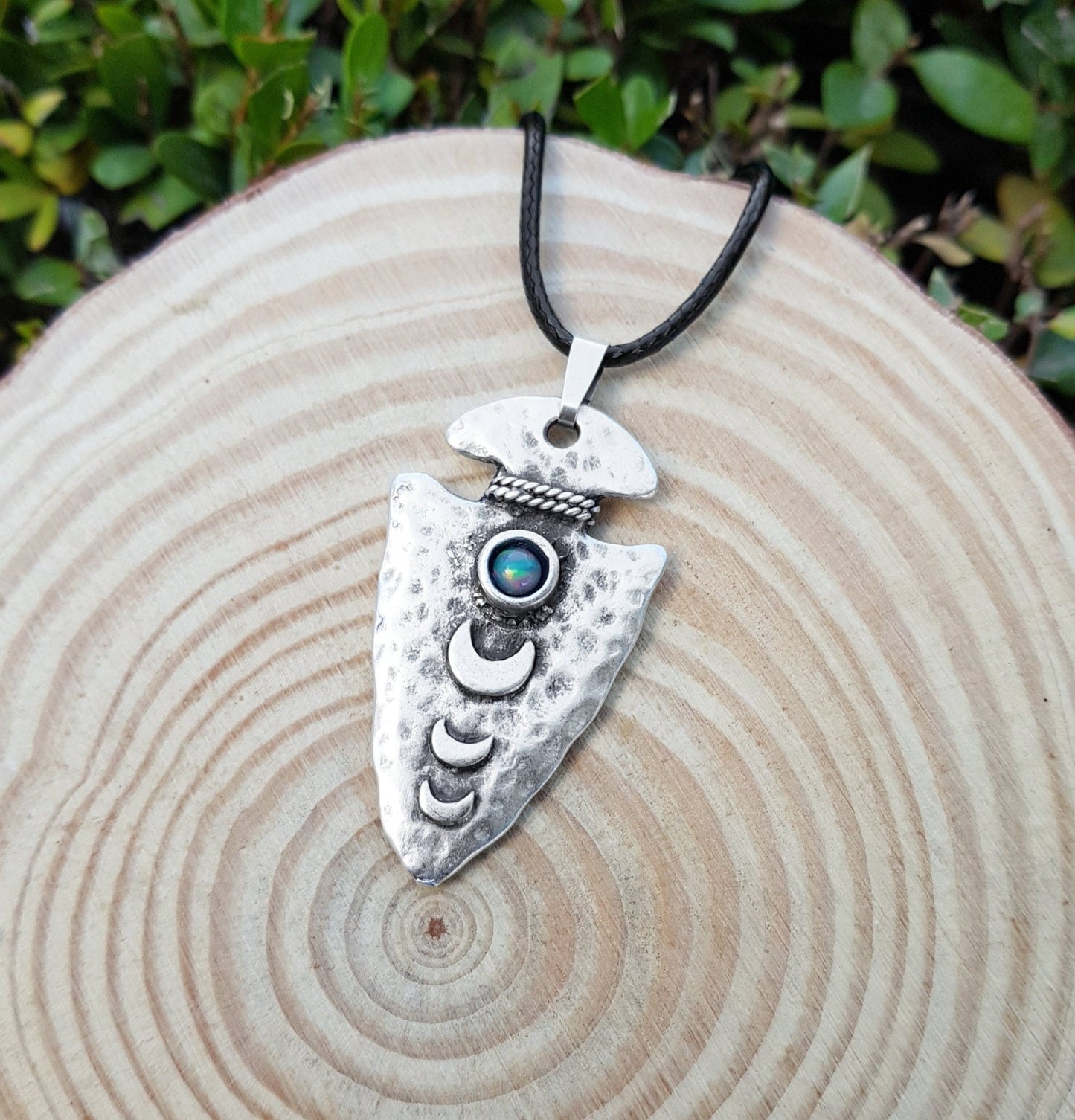 Moon Phases Fire Opal Sterling Silver Necklace: Celestial Pendant - LunarGem - 