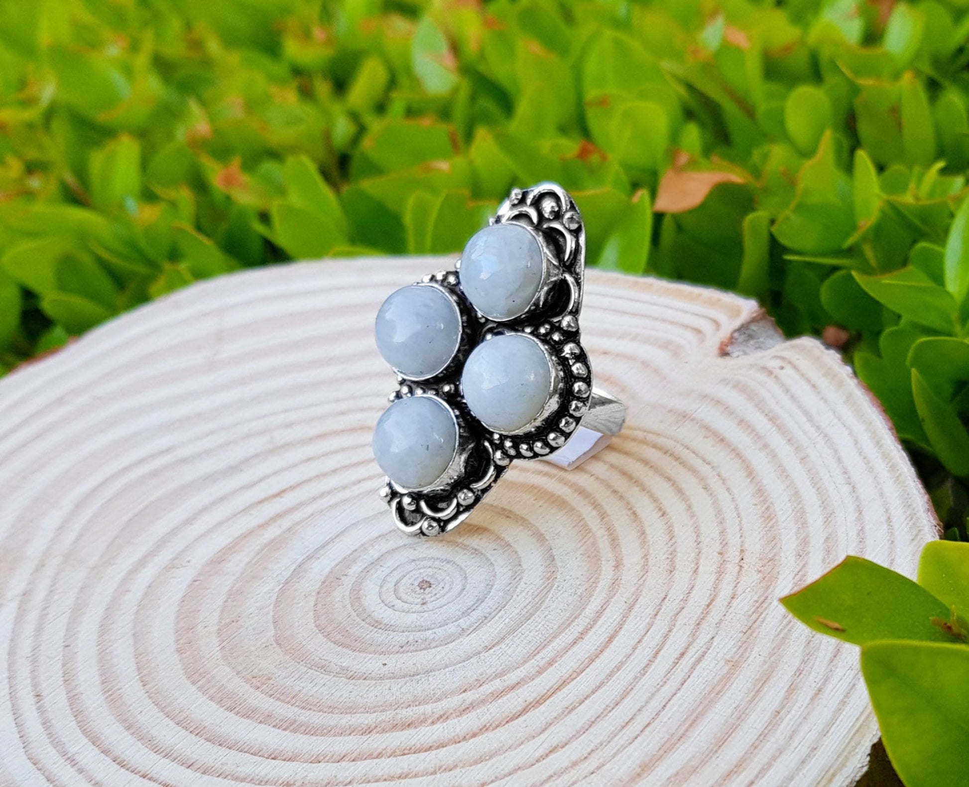 Moonstone Statement Ring In Sterling Silver Boho Ring Size US 7 GypsyJewelry Unique Gift Geometric Ring - LunarGem - Rings