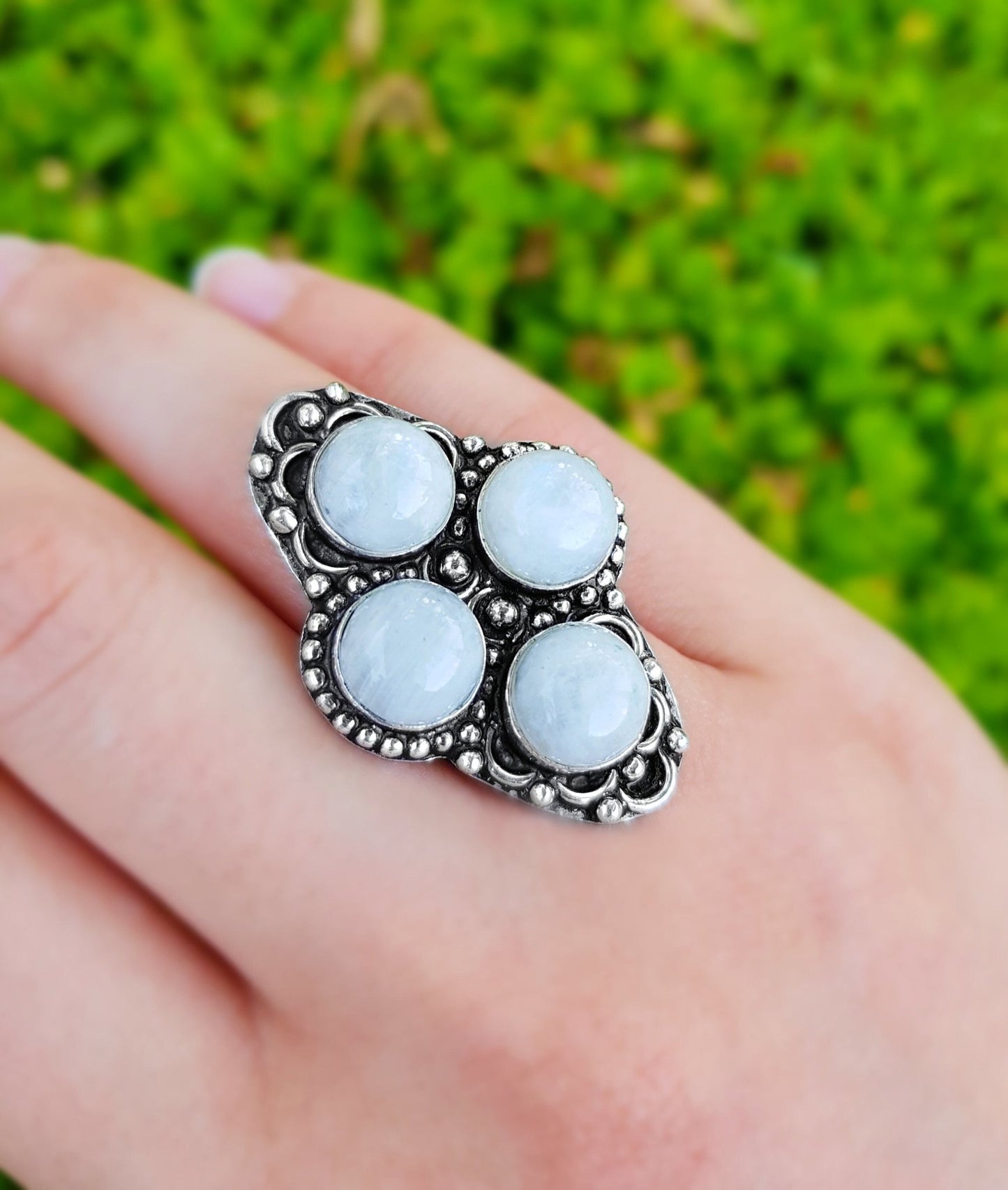 Moonstone Statement Ring In Sterling Silver Boho Ring Size US 7 GypsyJewelry Unique Gift Geometric Ring - LunarGem - Rings