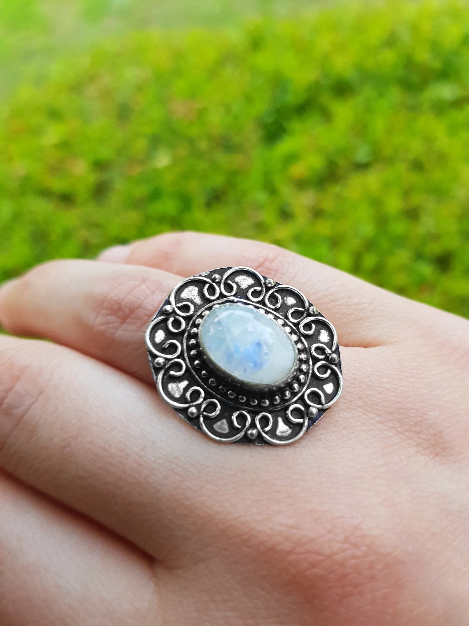 Moonstone Statement Ring: Recycled Sterling Silver Boho Jewelry, US 7 3/4 - LunarGem - 