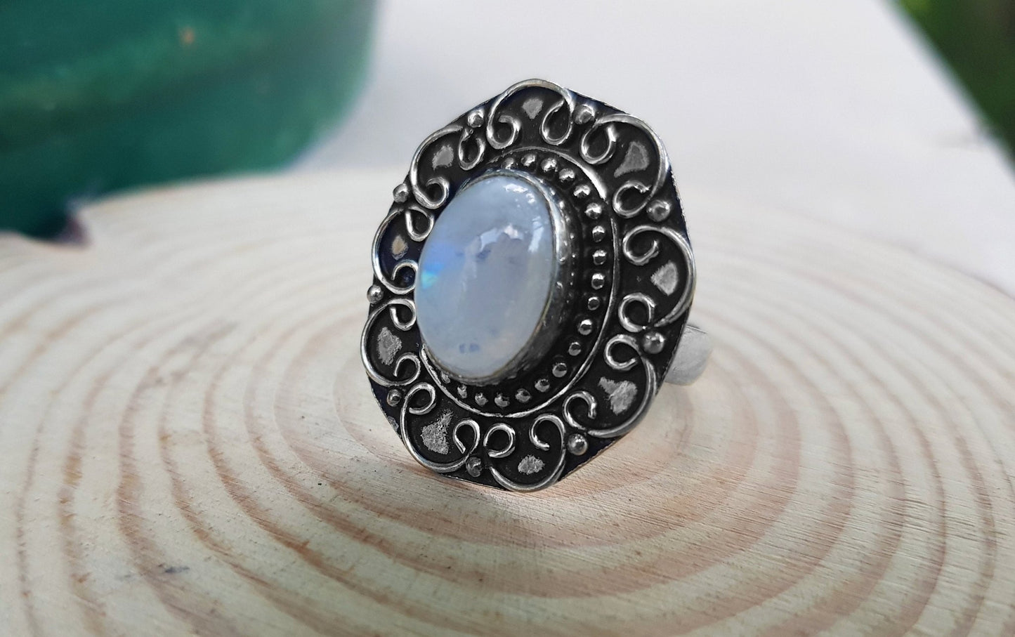 Moonstone Statement Ring: Recycled Sterling Silver Boho Jewelry, US 7 3/4 - LunarGem - 