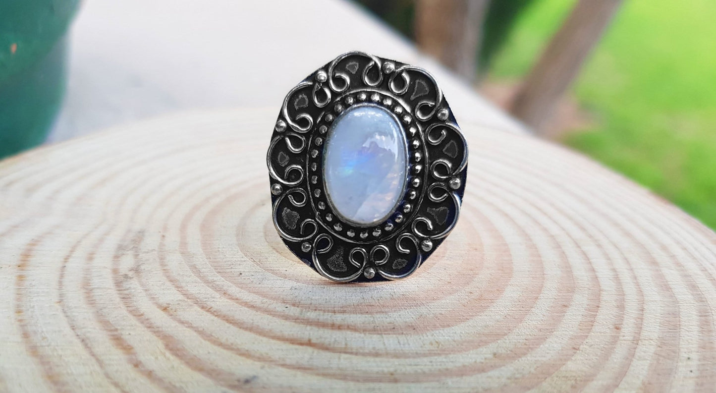 Moonstone Statement Ring: Recycled Sterling Silver Boho Jewelry, US 7 3/4 - LunarGem - 
