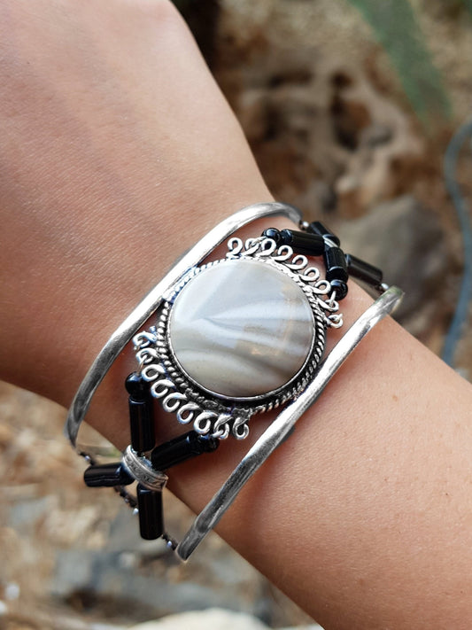 Mosaic Jasper Sterling Silver Bracelet, Adjustable Boho Cuff - LunarGem - 
