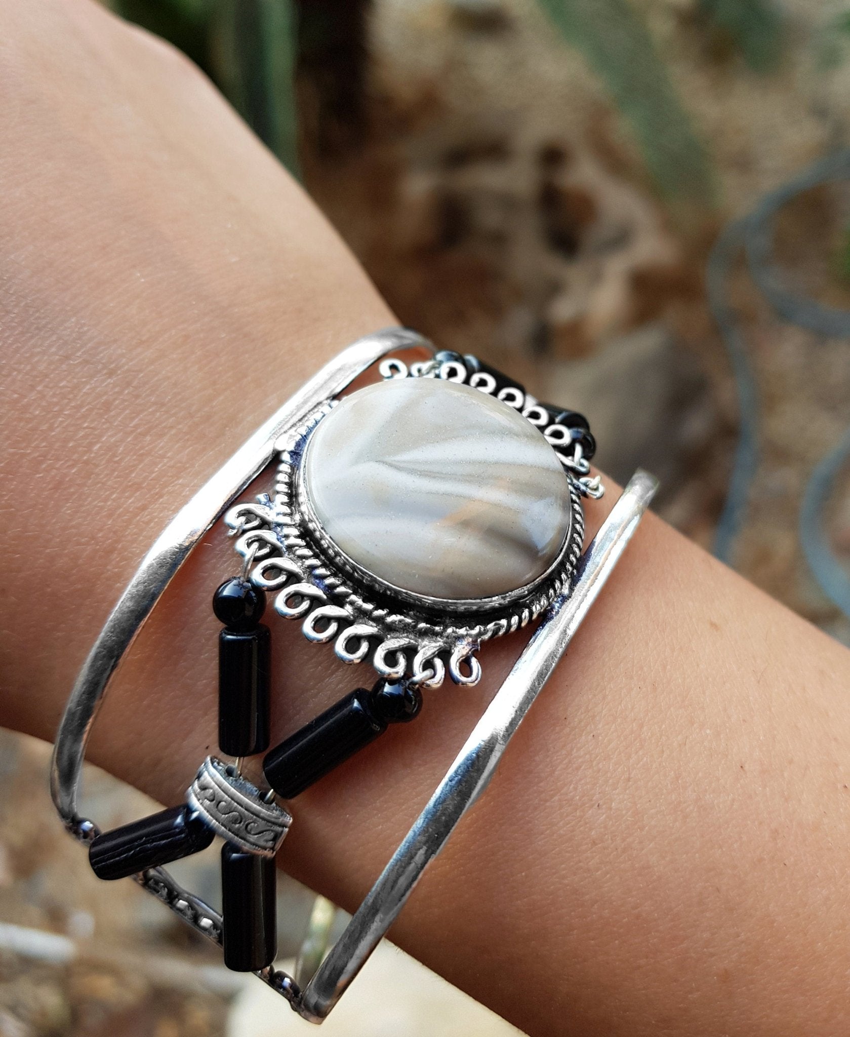 Mosaic Jasper Sterling Silver Bracelet, Adjustable Boho Cuff - LunarGem - 