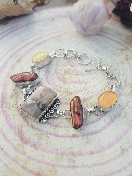 Moss Agate And Biwa Pearl Bracelet In Sterling Silver Multi Stone Adjustable Bracelet - LunarGem - 