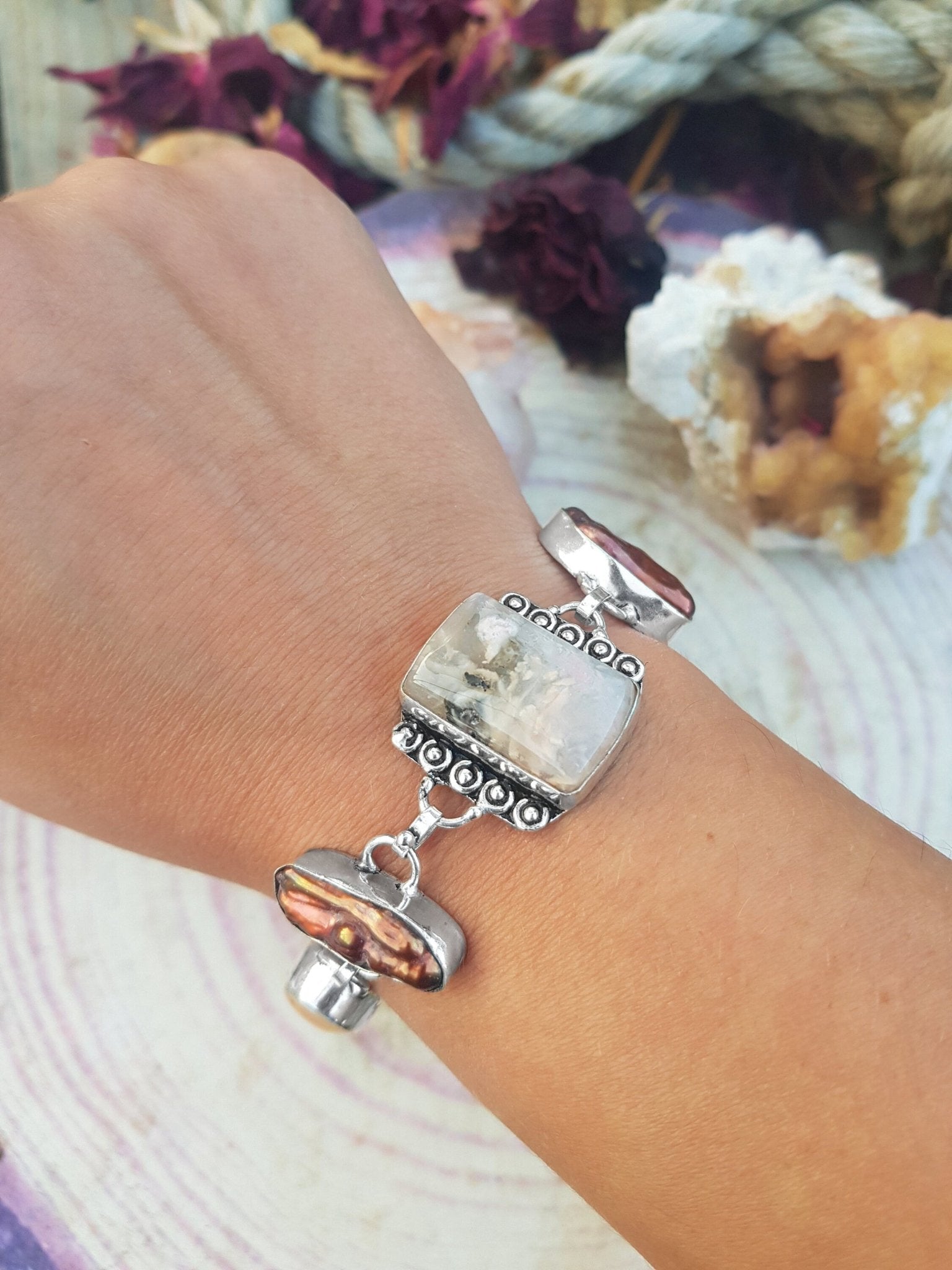 Moss Agate And Biwa Pearl Bracelet In Sterling Silver Multi Stone Adjustable Bracelet - LunarGem - 