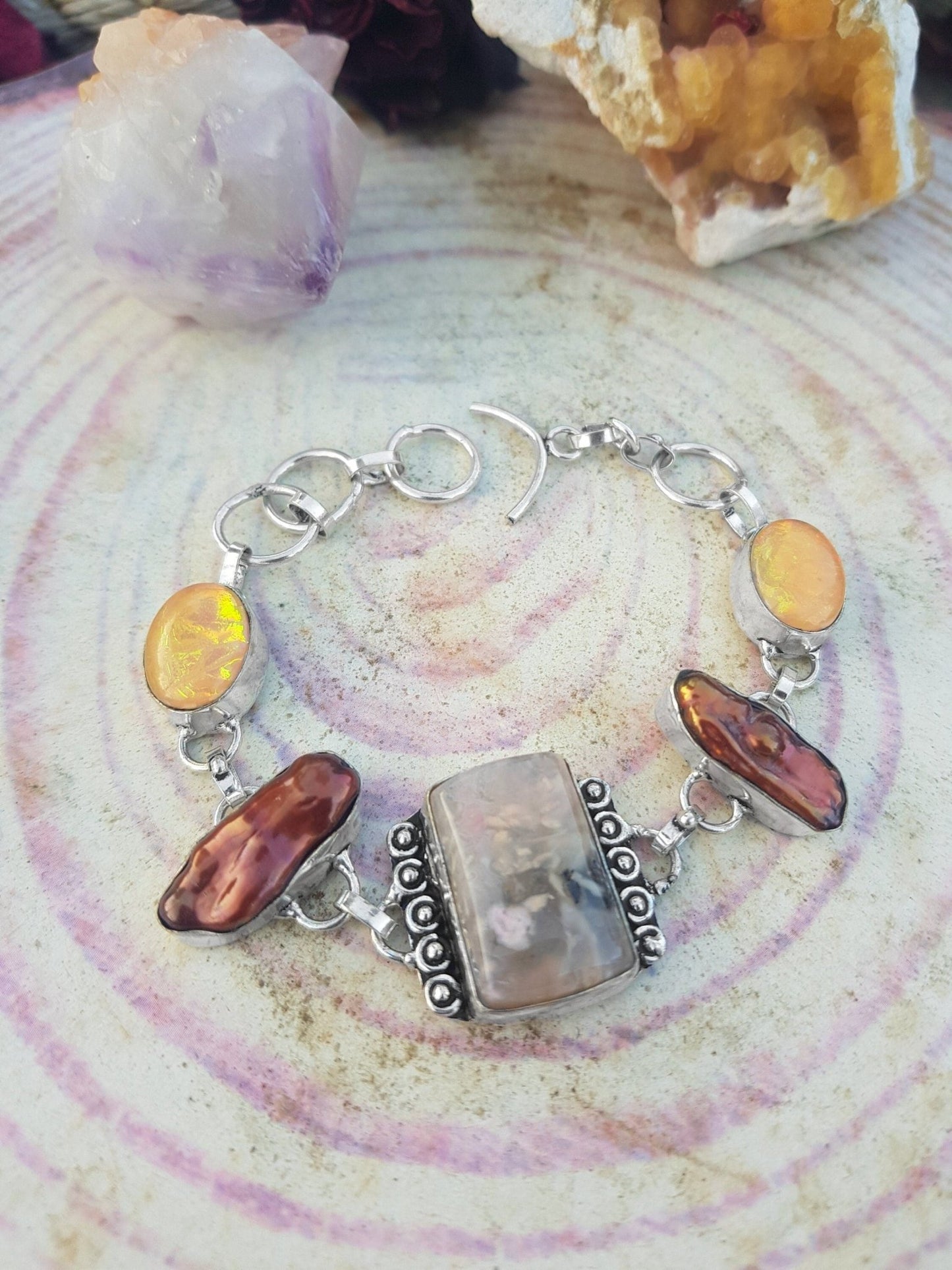 Moss Agate And Biwa Pearl Bracelet In Sterling Silver Multi Stone Adjustable Bracelet - LunarGem - 