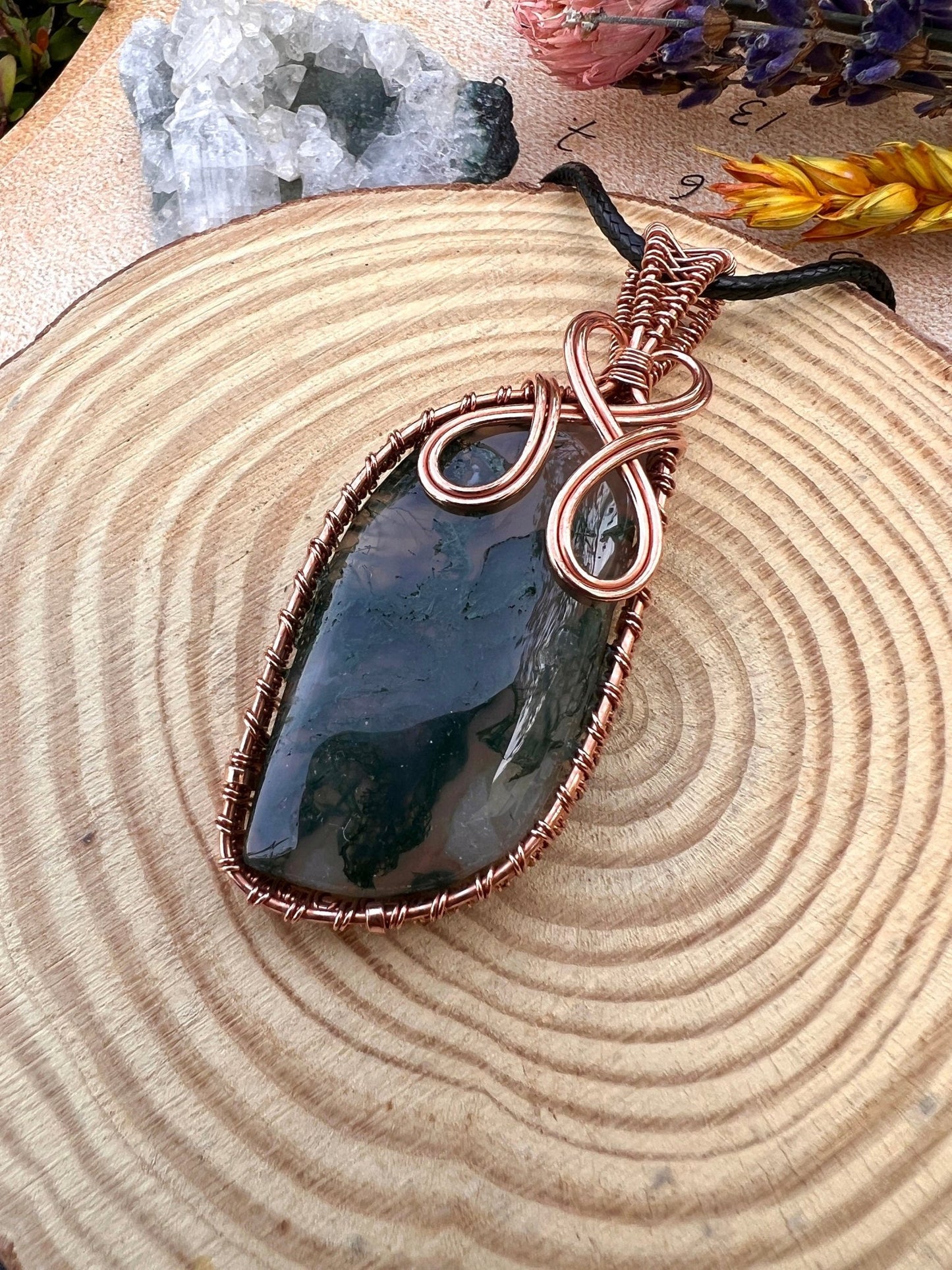 Moss Agate Copper Wire Wrapped Pendant Necklace: Handmade Boho Jewelry - LunarGem - 